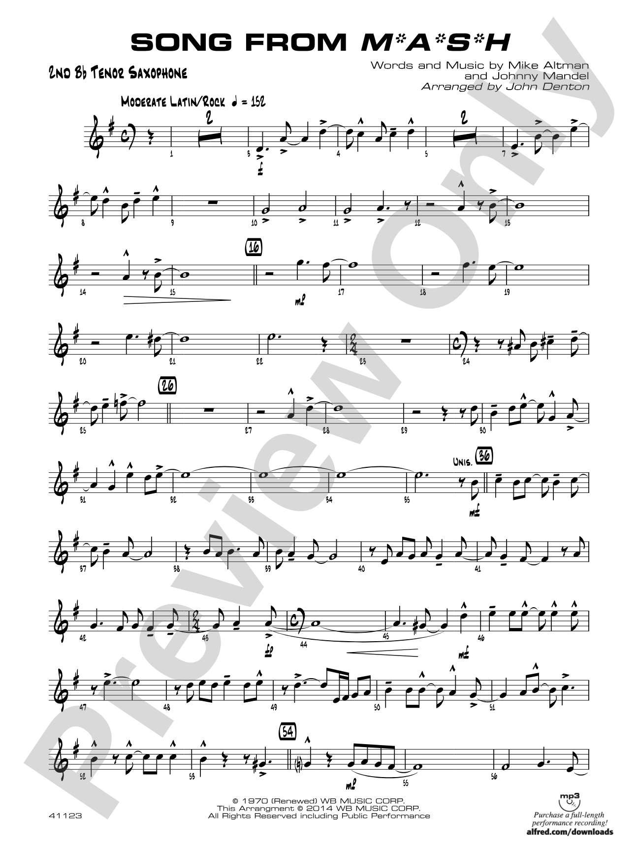 Song from M*A*S*H: 2nd B-flat Tenor Saxophone