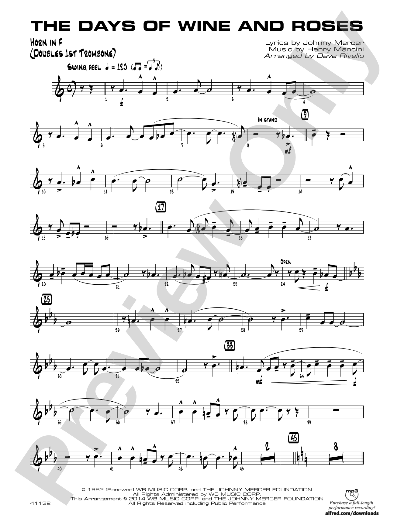 The Days of Wine and Roses: 1st F Horn