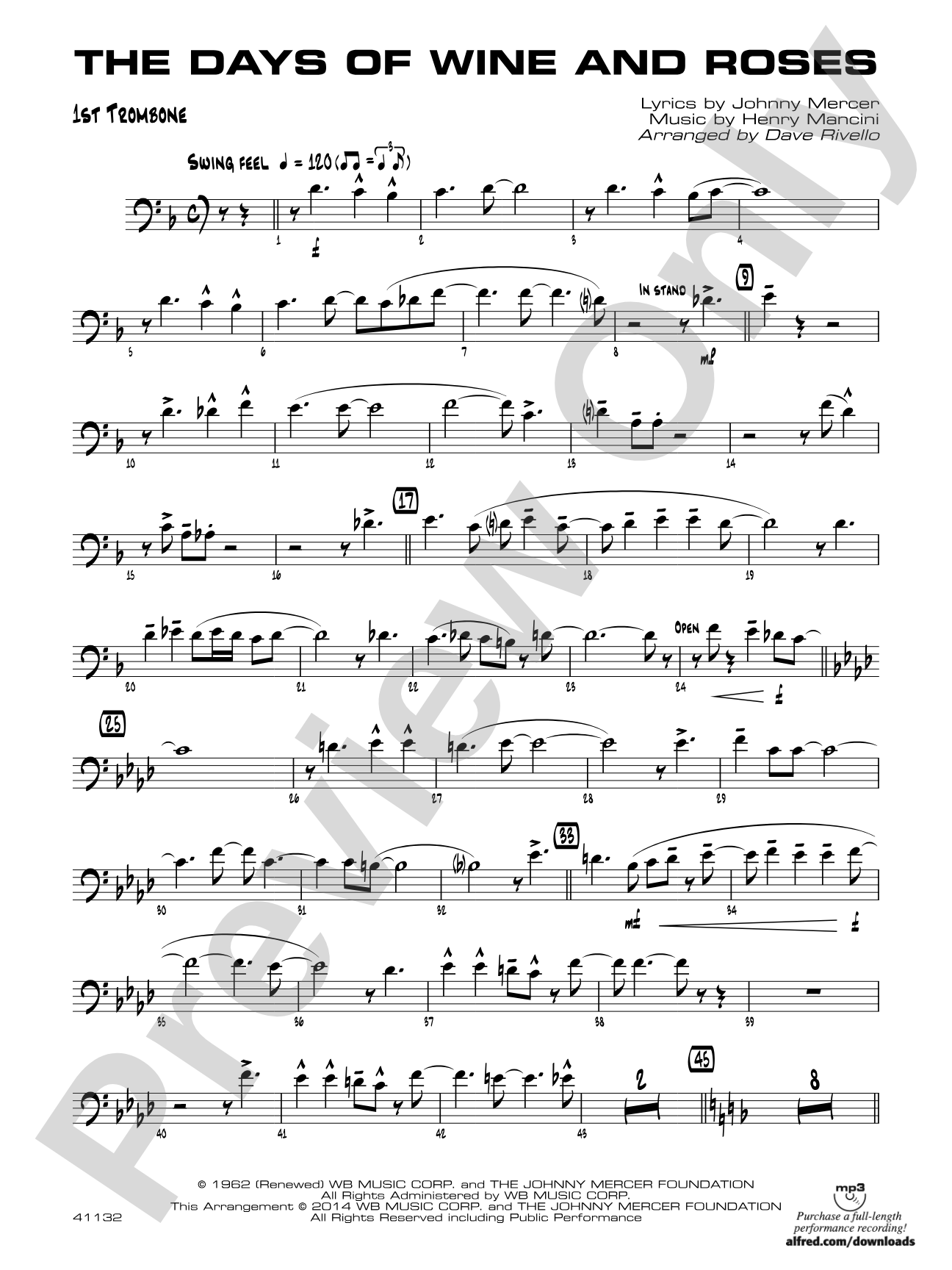 The Days of Wine and Roses: 1st Trombone