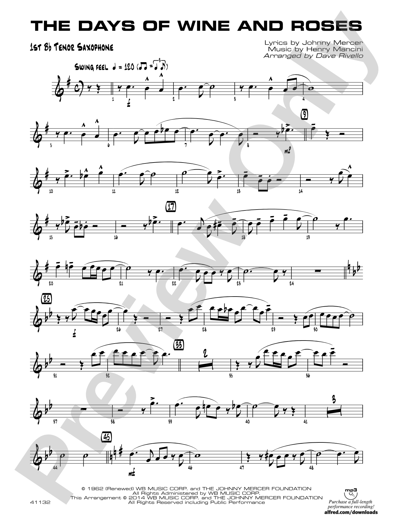 The Days of Wine and Roses: B-flat Tenor Saxophone