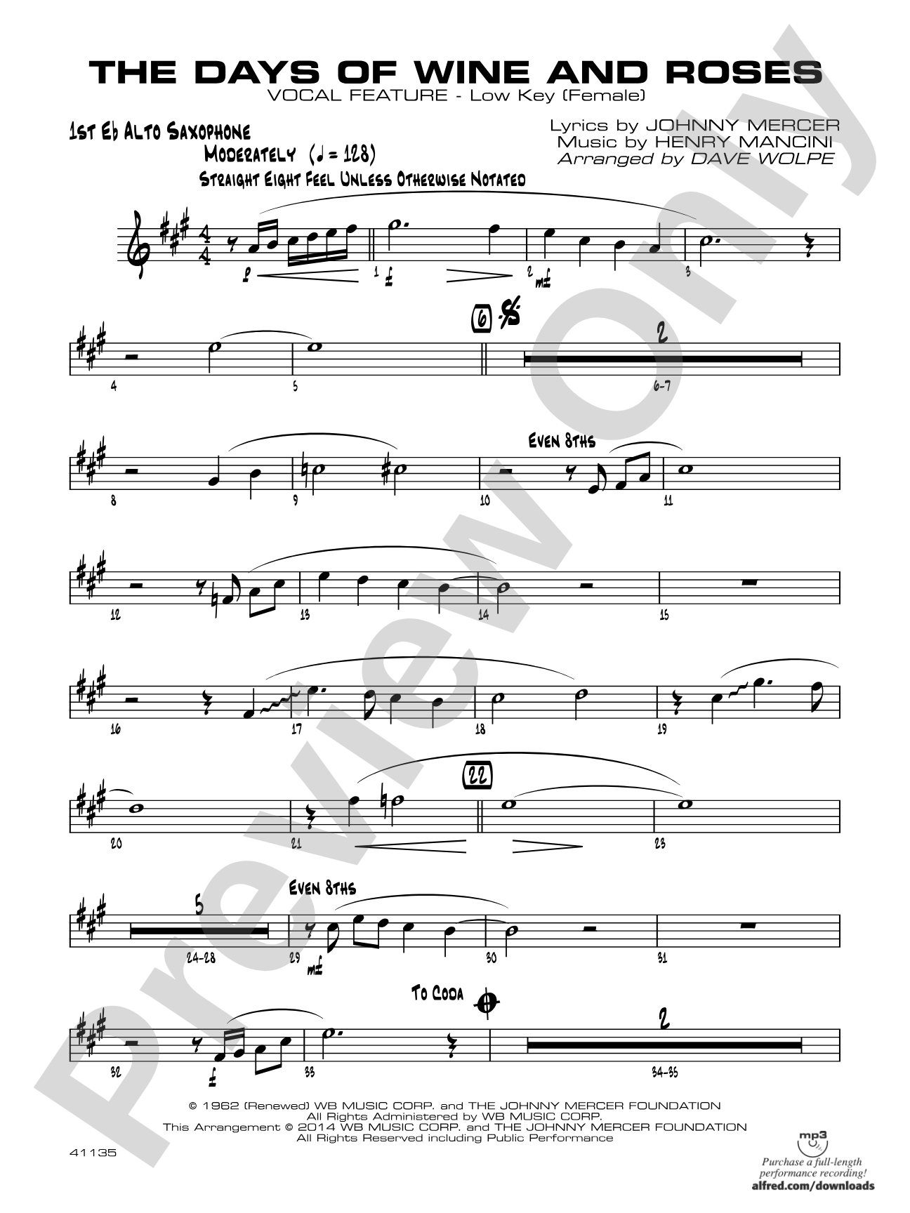 The Days of Wine and Roses: E-flat Alto Saxophone