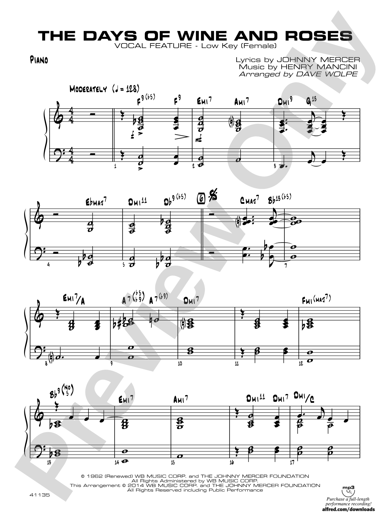 The Days of Wine and Roses: Piano (Low Key - Female)