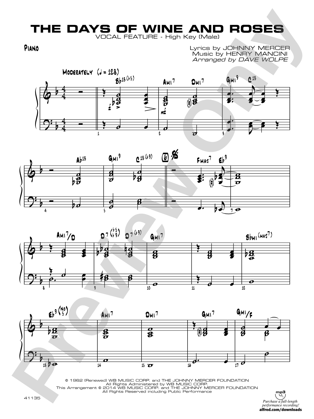 The Days of Wine and Roses: Piano (High Key - Male)