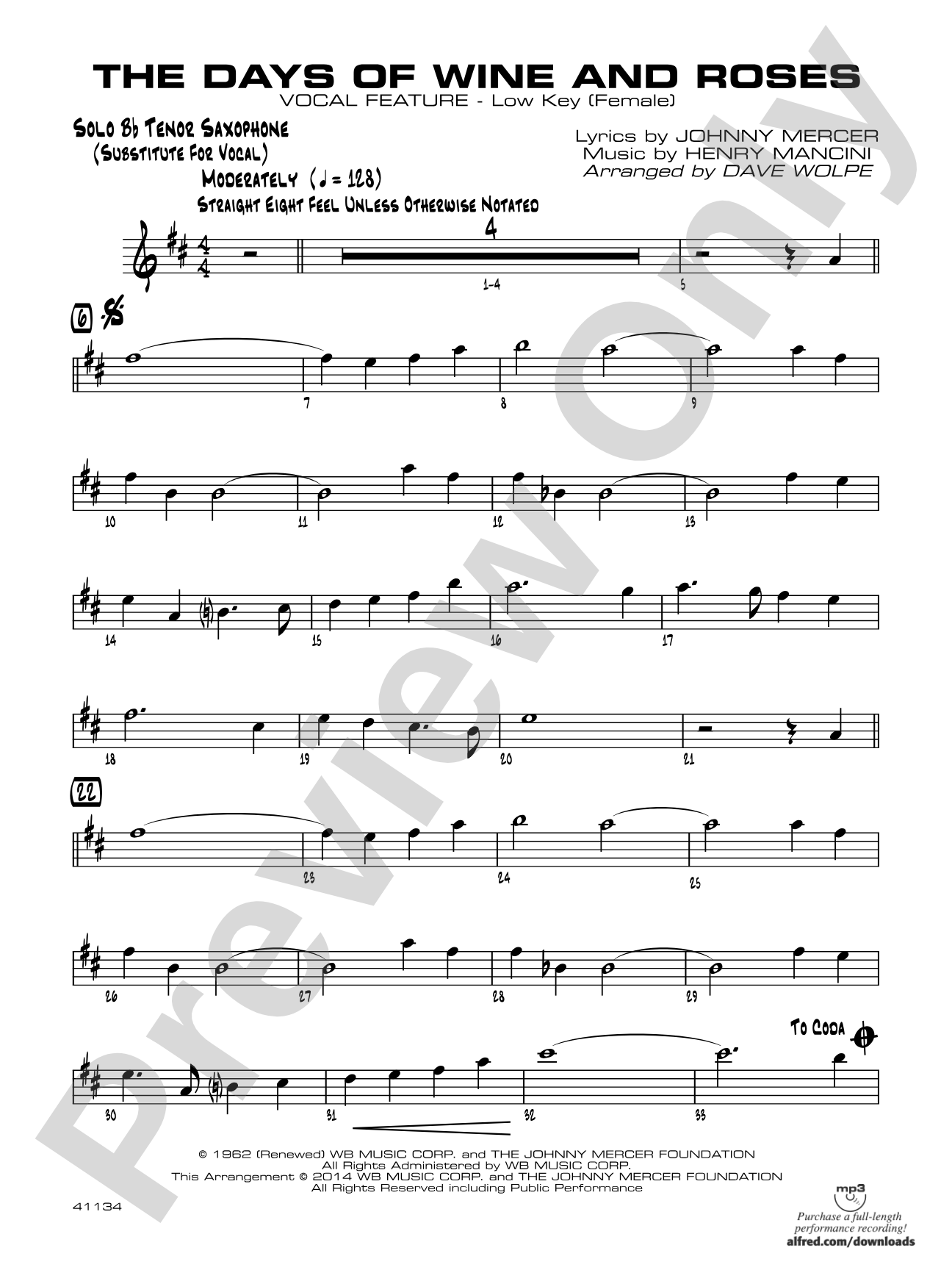 The Days of Wine and Roses: Solo Tenor Saxophone