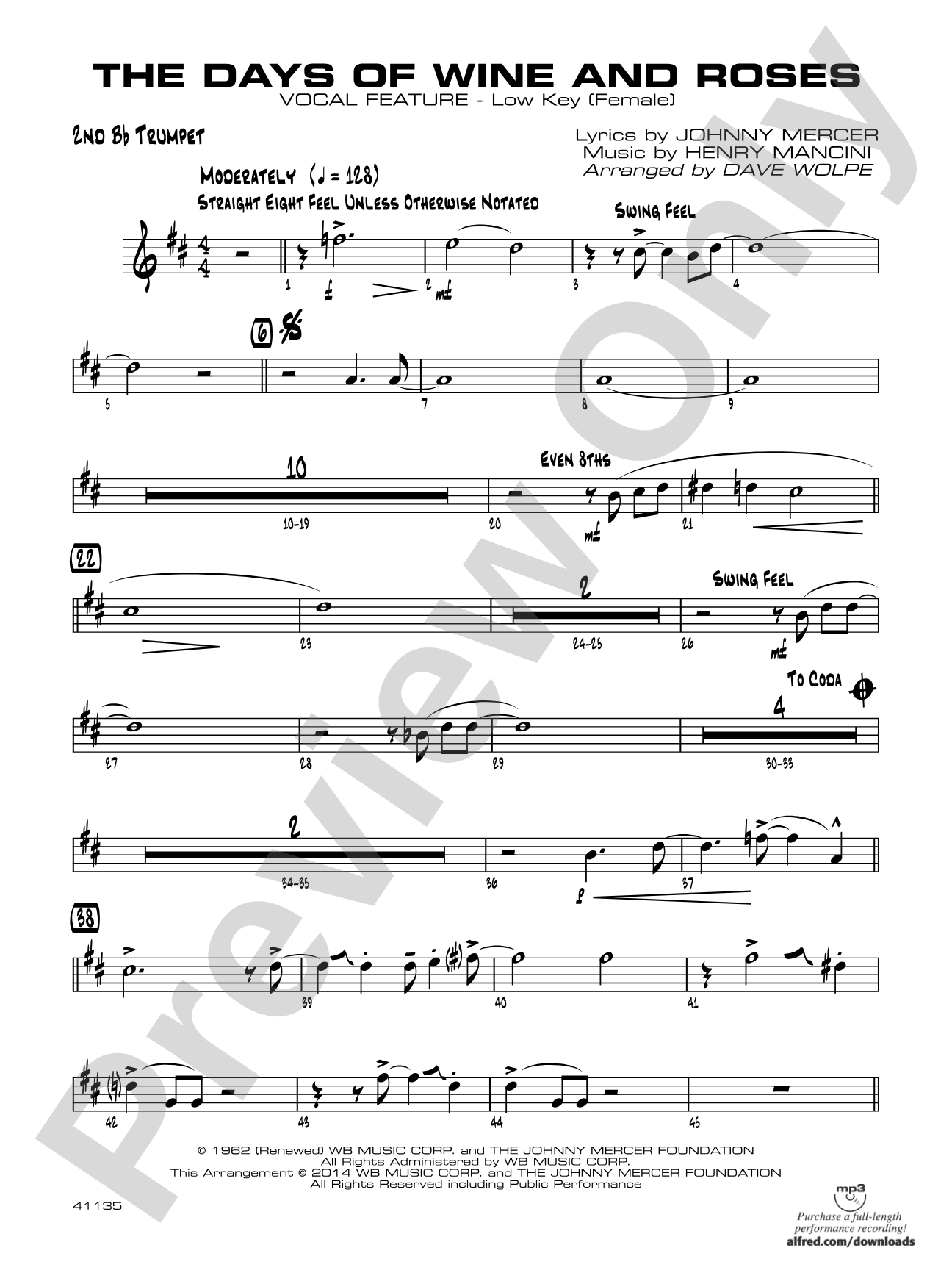 The Days of Wine and Roses: 2nd B-flat Trumpet