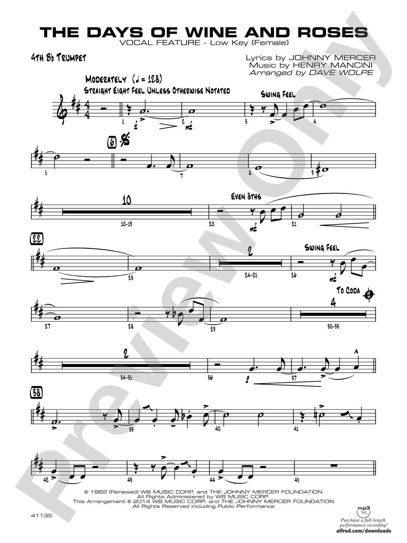 The Days of Wine and Roses: 4th B-flat Trumpet