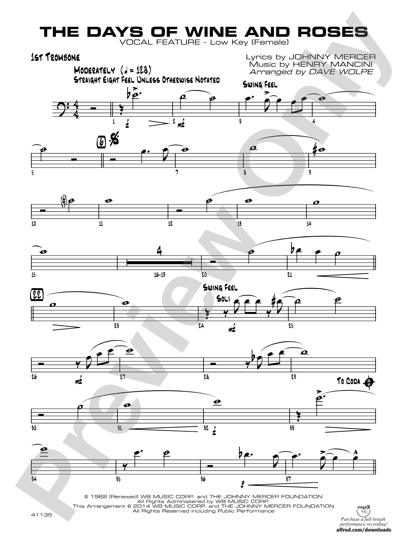 The Days of Wine and Roses: 1st Trombone