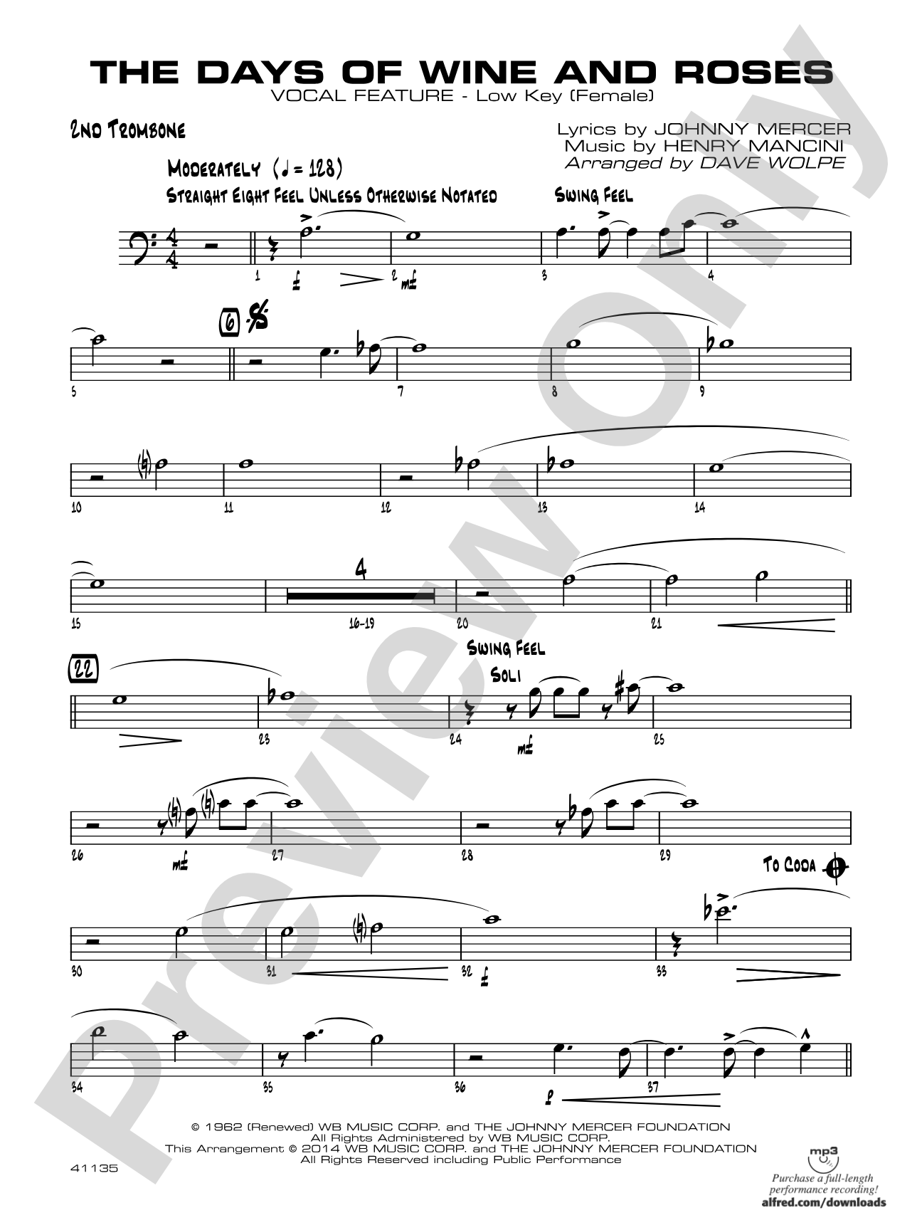 The Days of Wine and Roses: 2nd Trombone