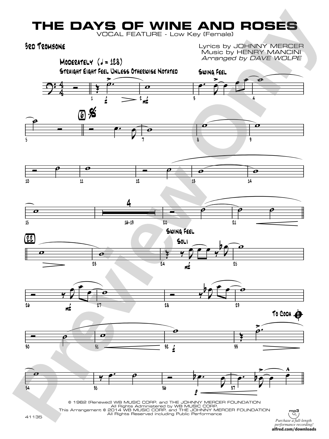 The Days of Wine and Roses: 3rd Trombone
