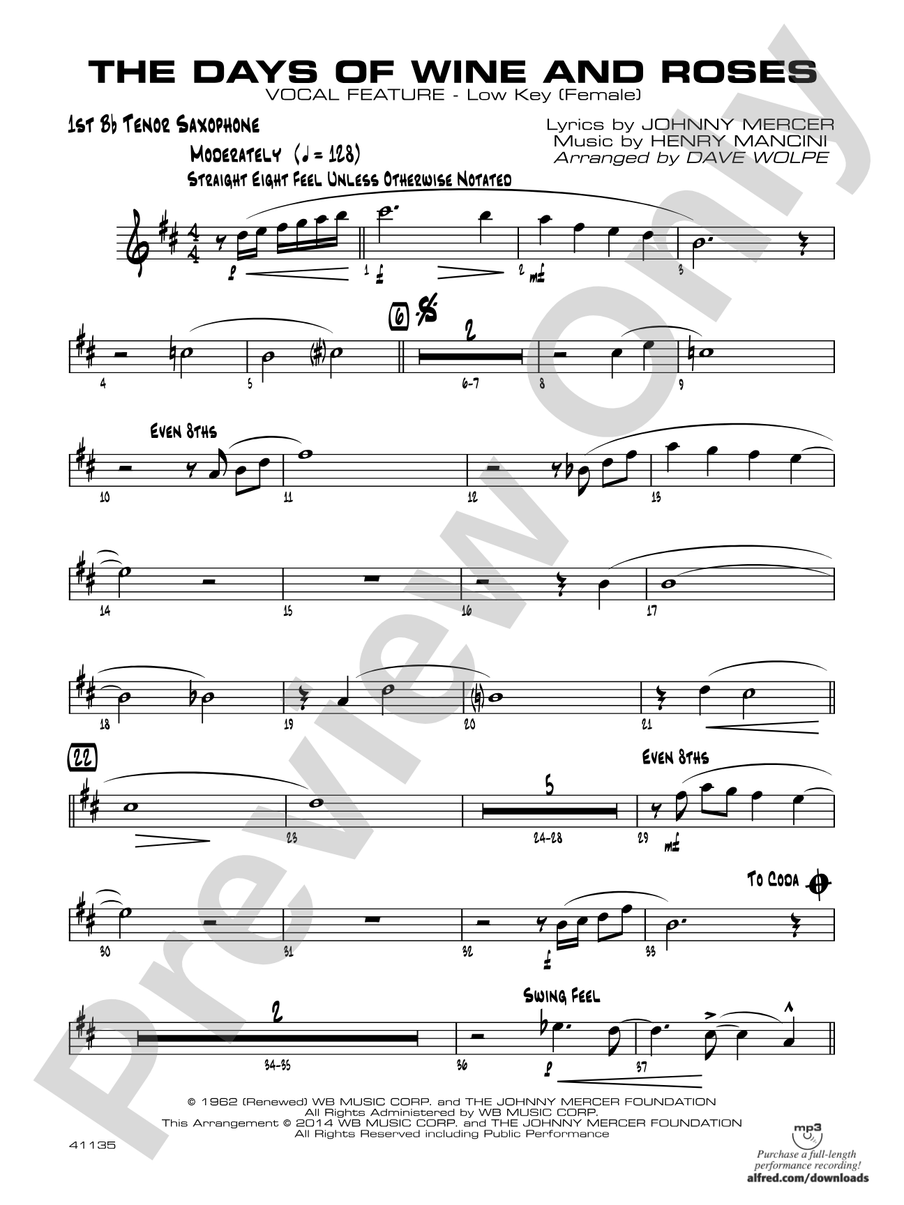 The Days of Wine and Roses: B-flat Tenor Saxophone