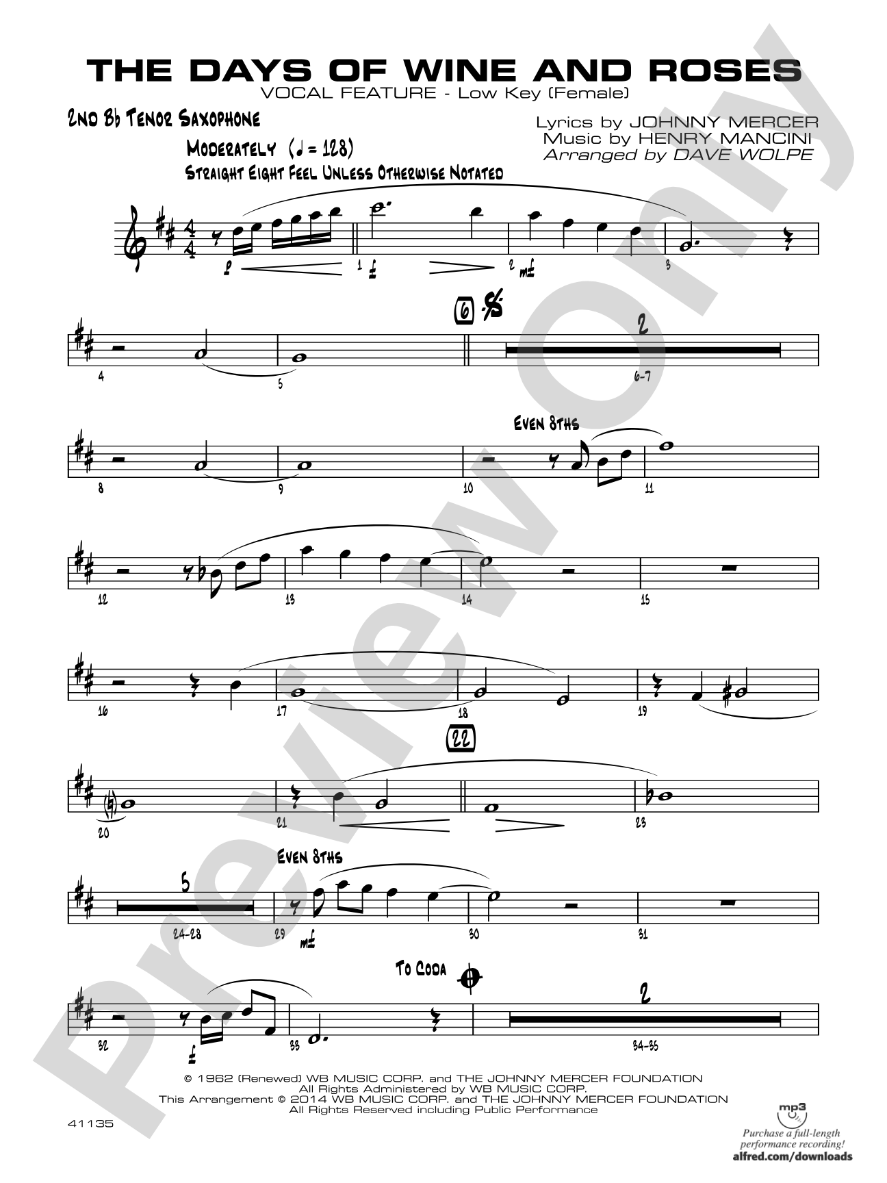 The Days of Wine and Roses: 2nd B-flat Tenor Saxophone