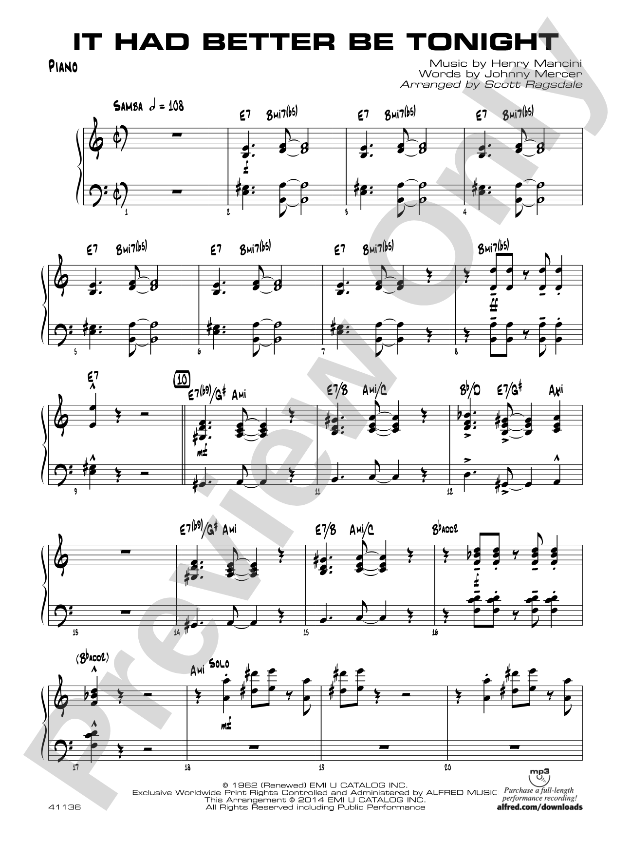 It Had Better Be Tonight: Piano Accompaniment