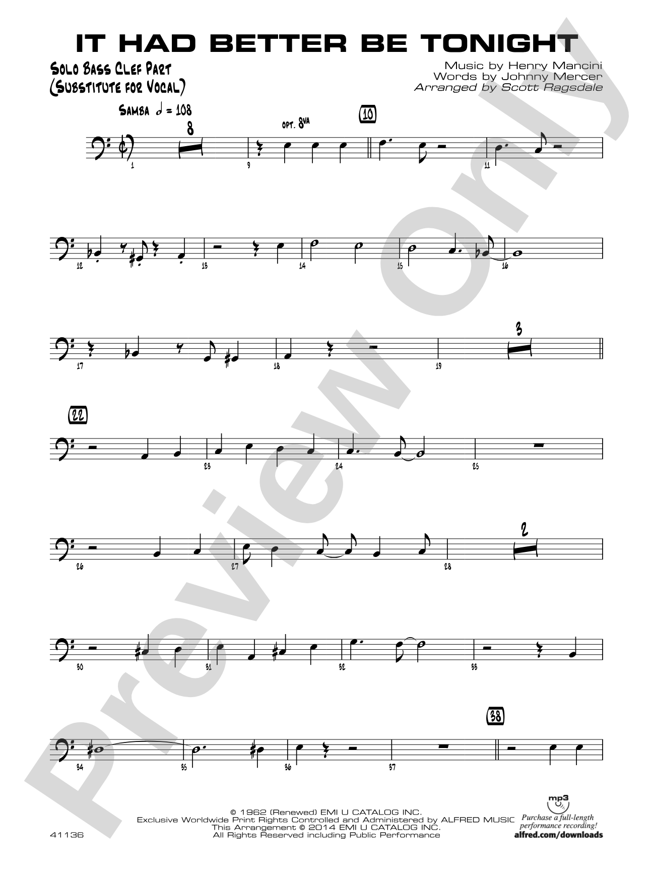 It Had Better Be Tonight: Solo Bass Clef Part (Substitute for Vocal)