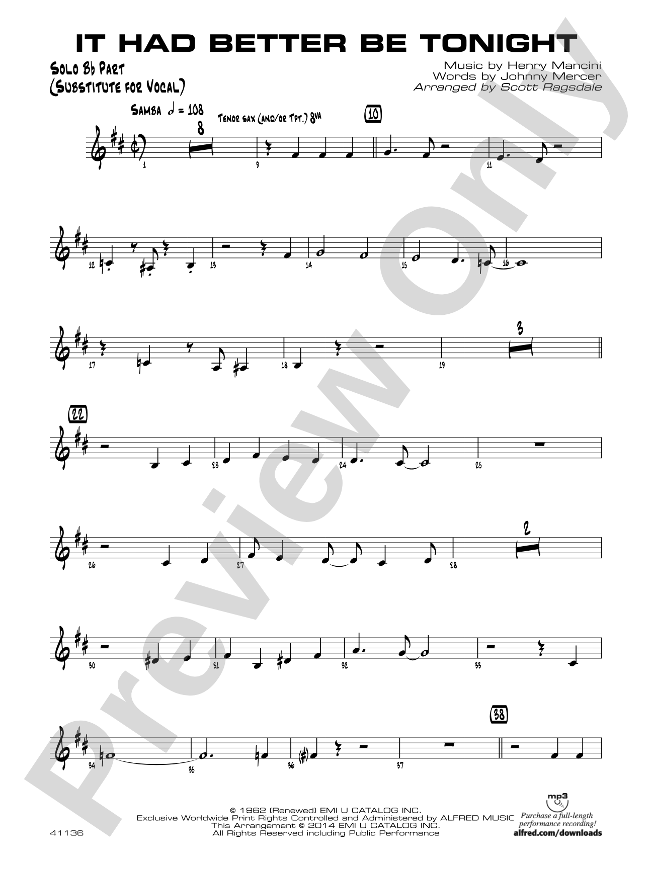 It Had Better Be Tonight: Solo Bb Part (Substitute for Vocal)