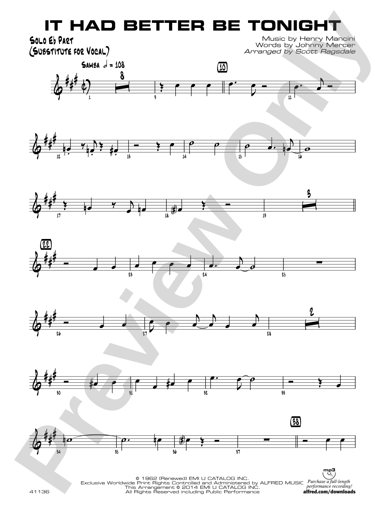 It Had Better Be Tonight: Solo Eb Part (Substitute for Vocal)