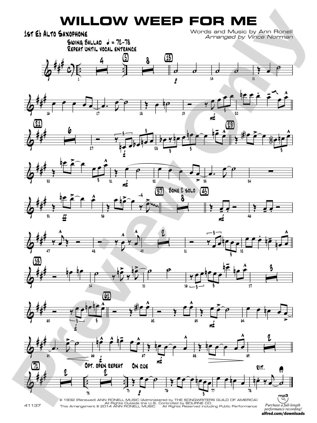 Willow Weep for Me: E-flat Alto Saxophone