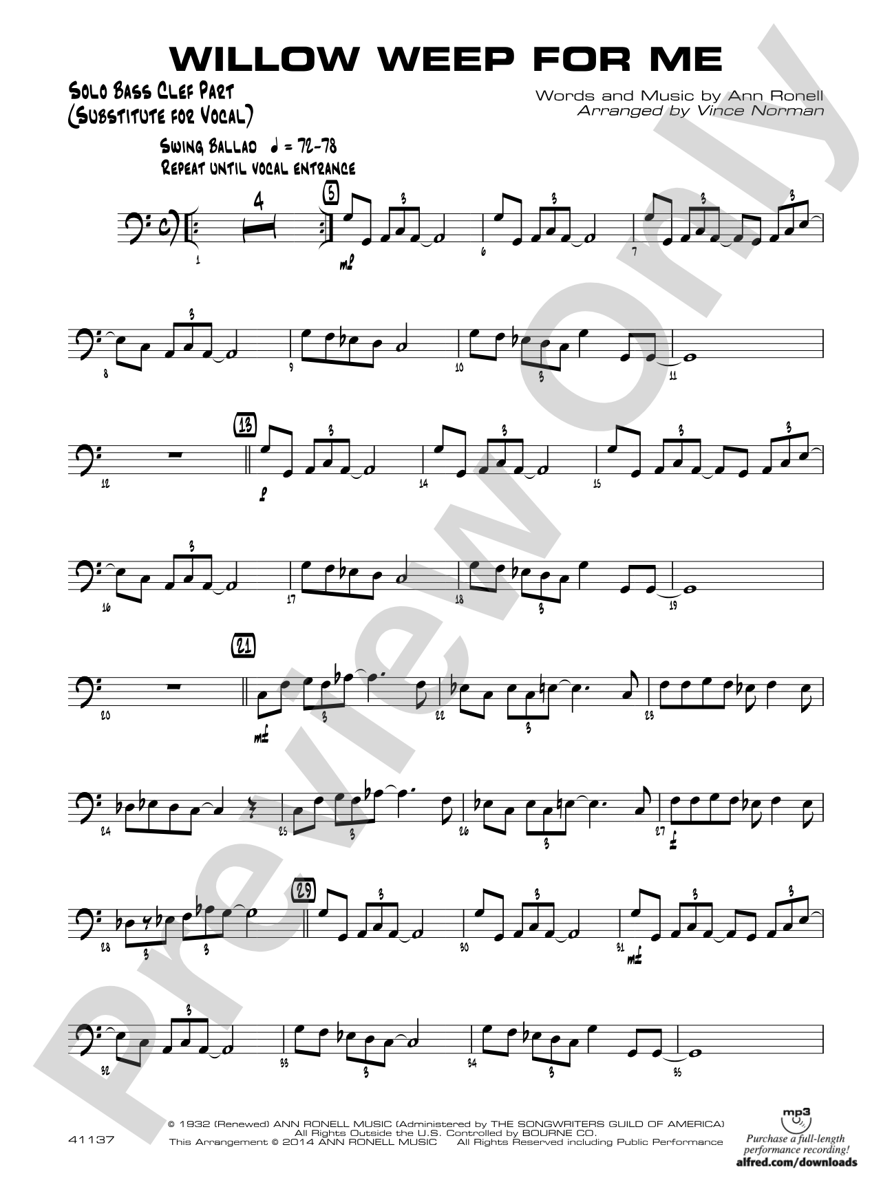 Willow Weep for Me: Solo Bass Clef Part (Substitute for Vocal)