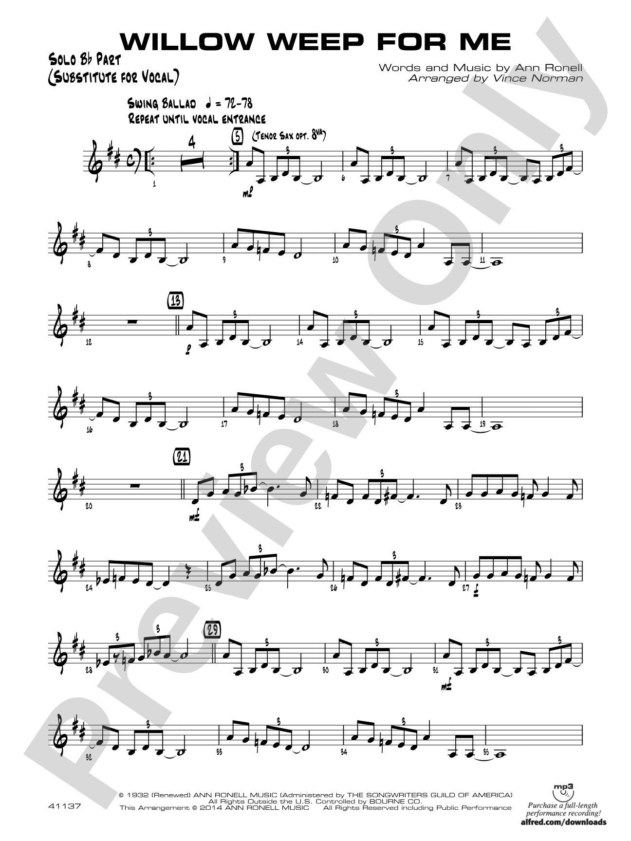 Willow Weep for Me: Solo Bb Part (Substitute for Vocal)