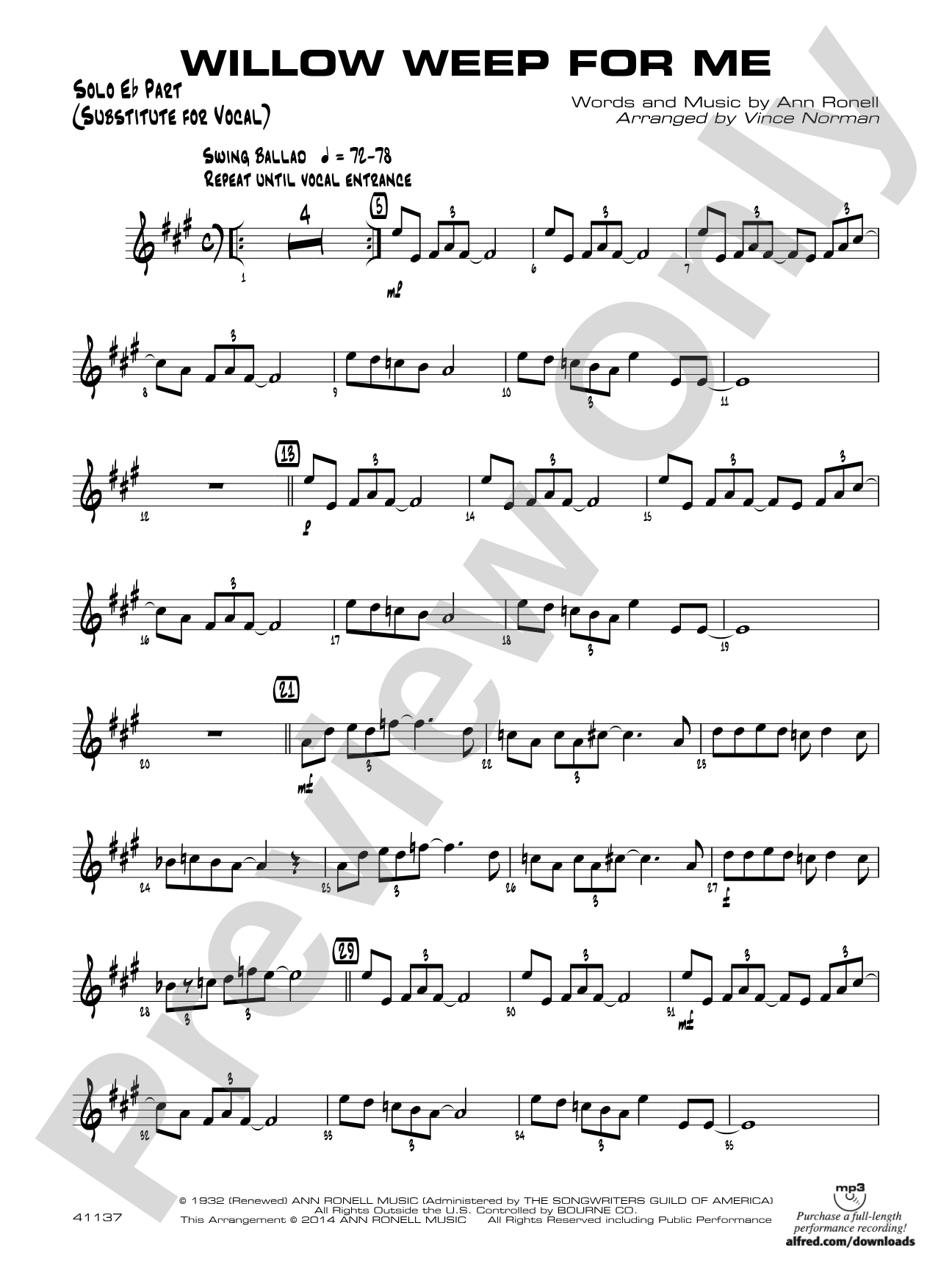 Willow Weep for Me: Solo Eb Part (Substitute for Vocal)