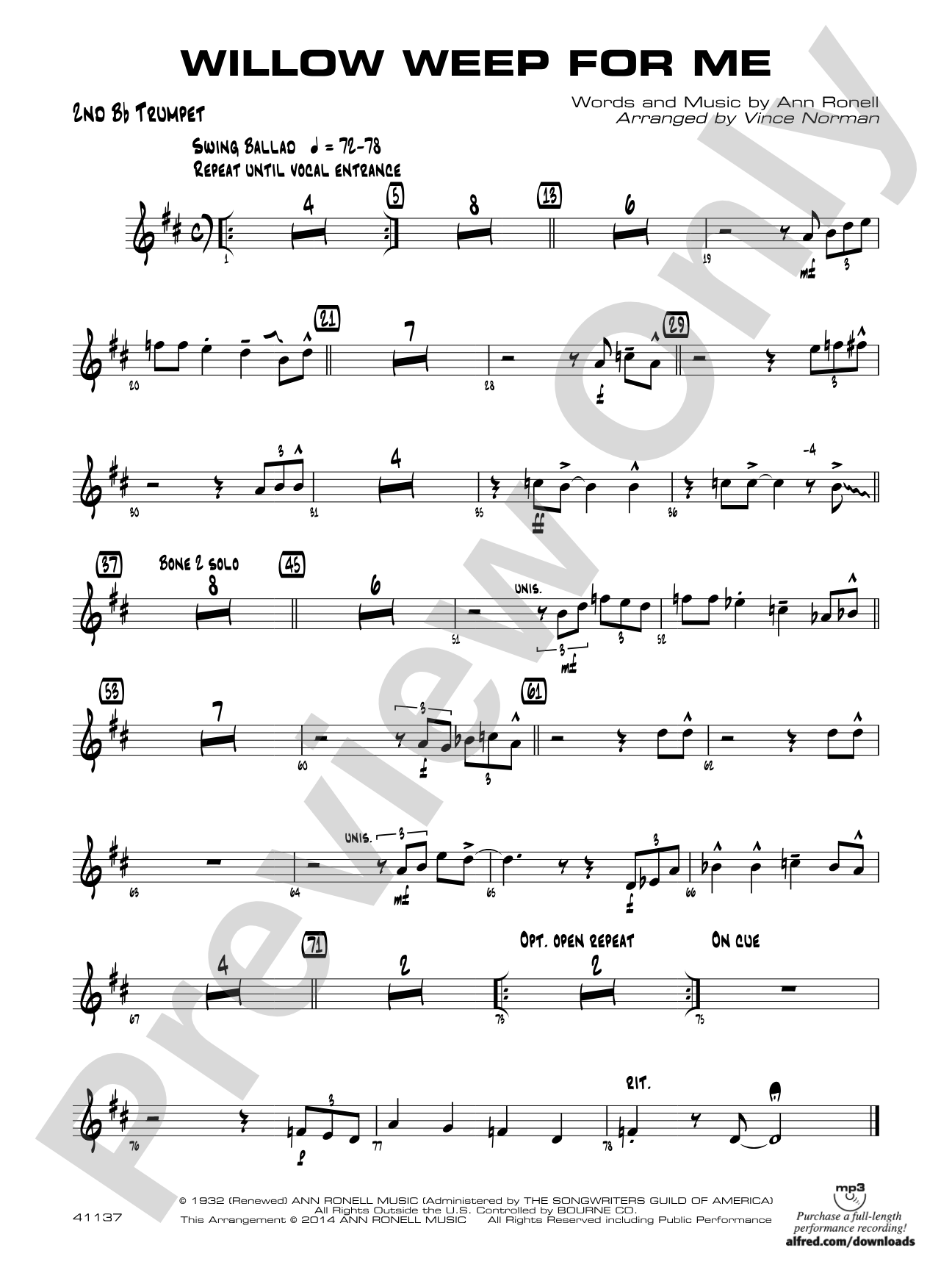 Willow Weep for Me: 2nd B-flat Trumpet