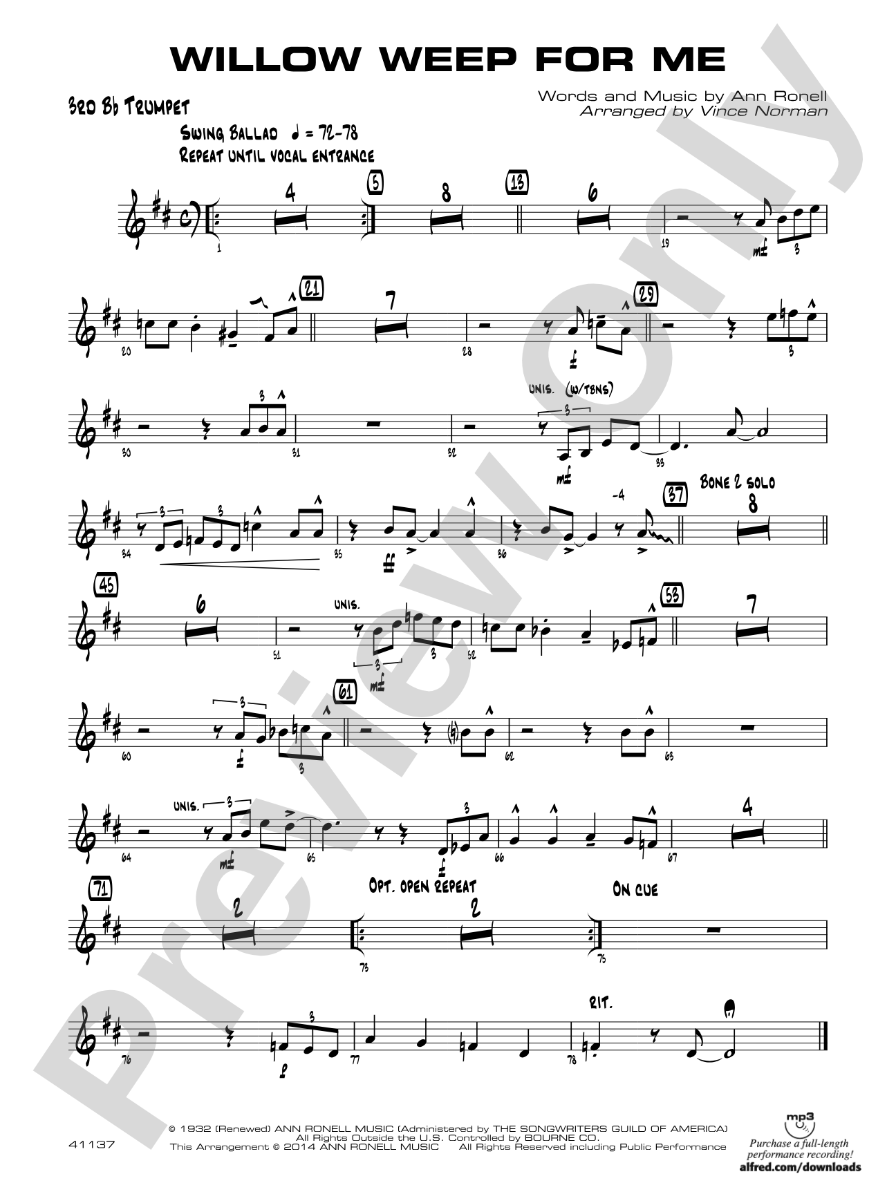 Willow Weep for Me: 3rd B-flat Trumpet