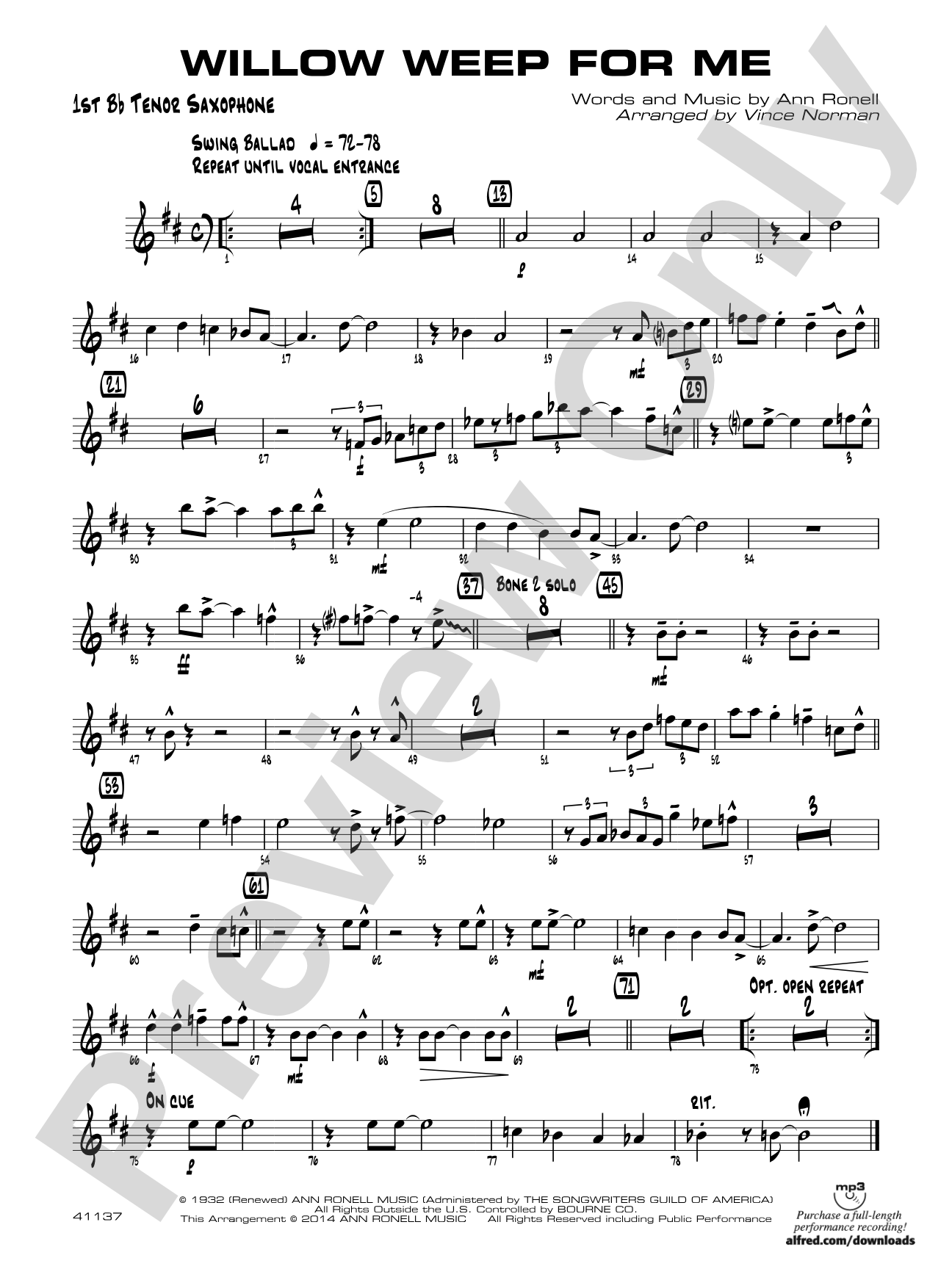 Willow Weep for Me: B-flat Tenor Saxophone
