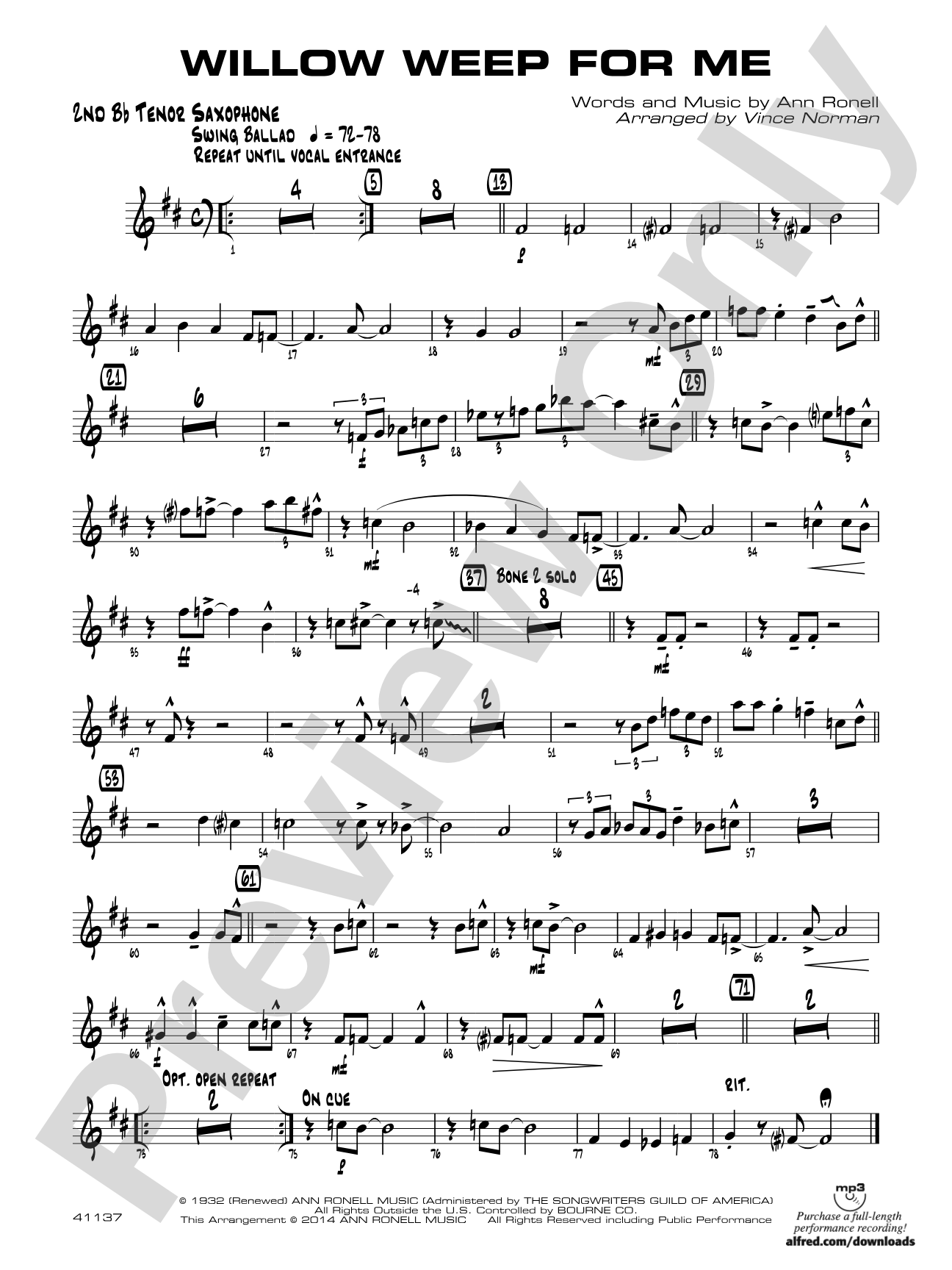 Willow Weep for Me: 2nd B-flat Tenor Saxophone