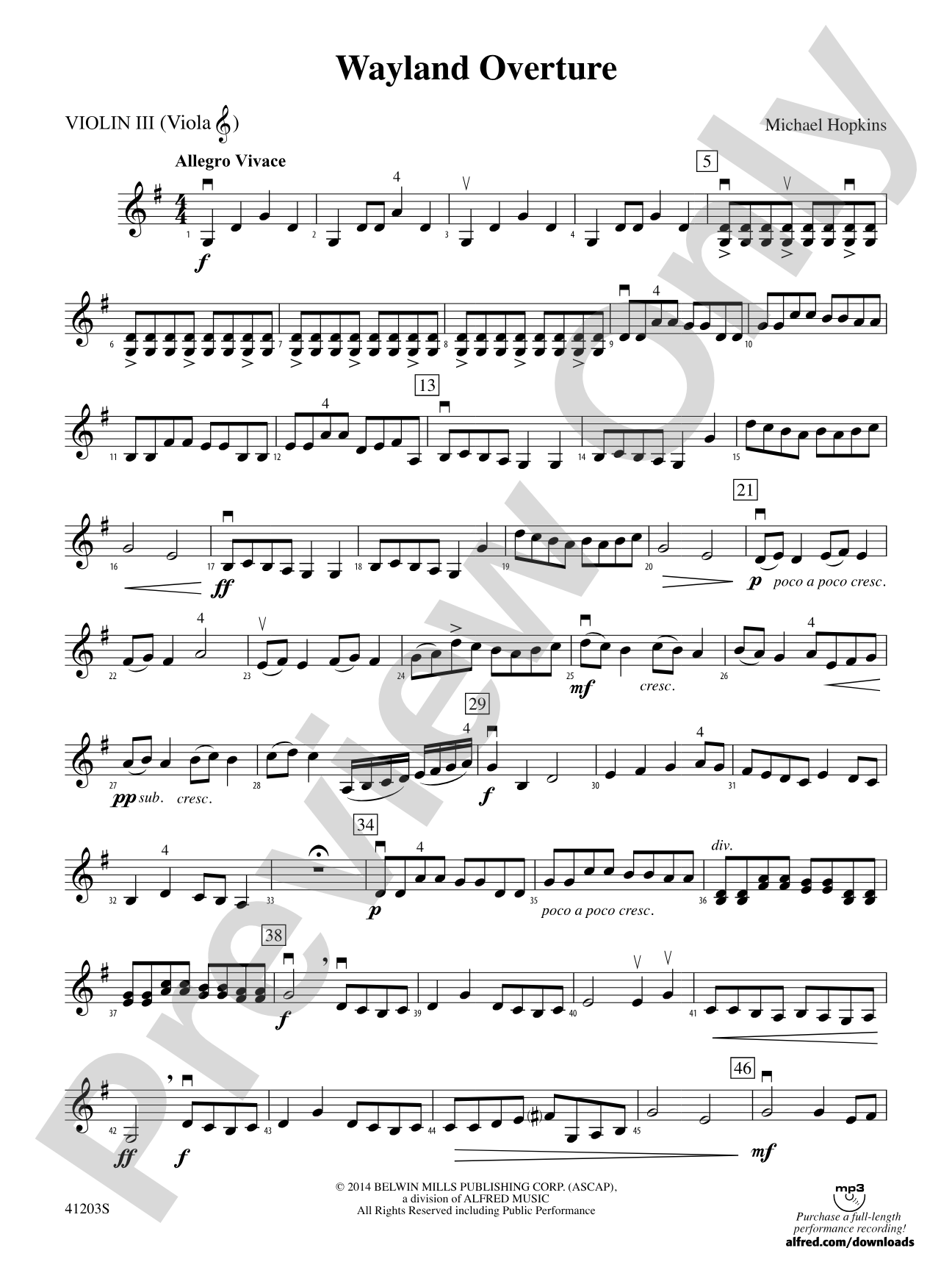 Wayland Overture: 3rd Violin (Viola [TC])