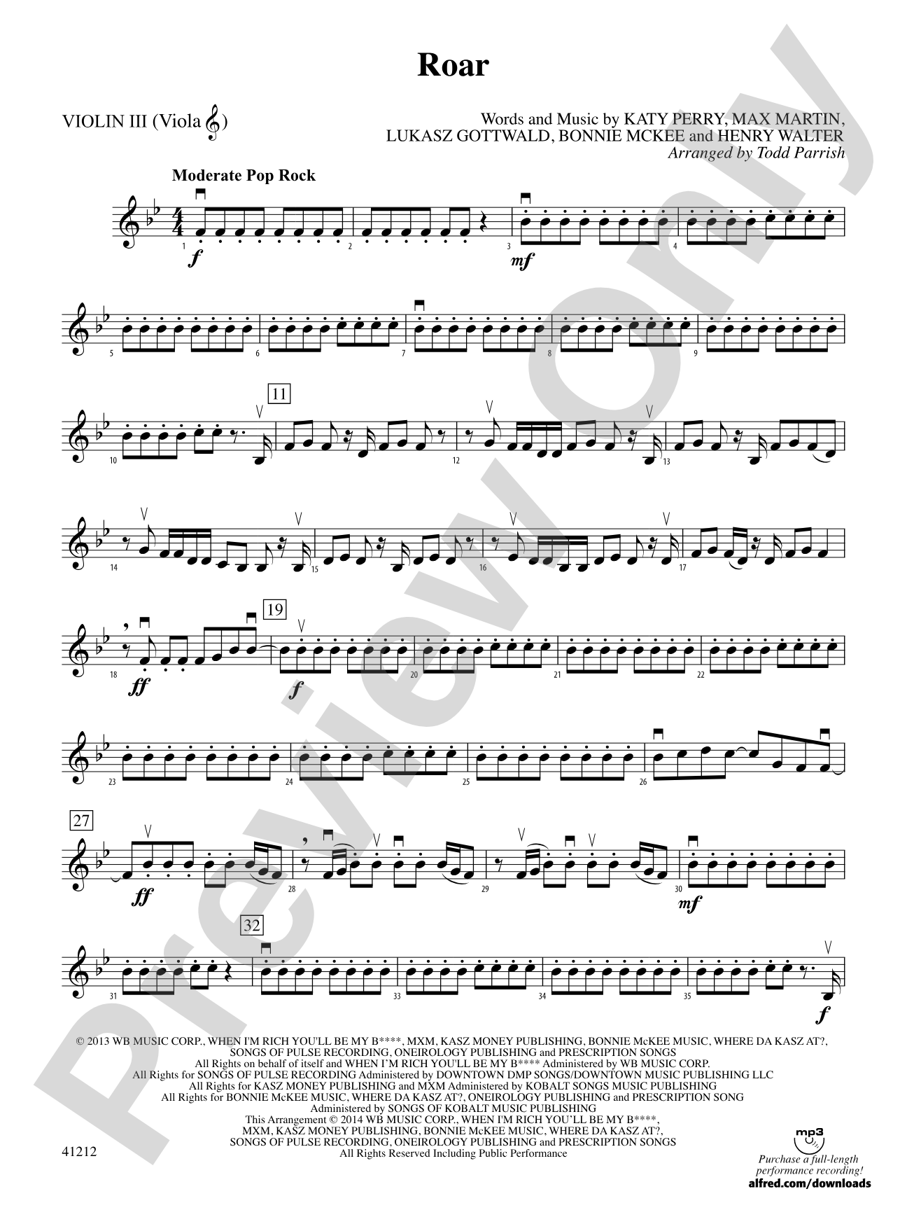 Roar: 3rd Violin (Viola [TC])