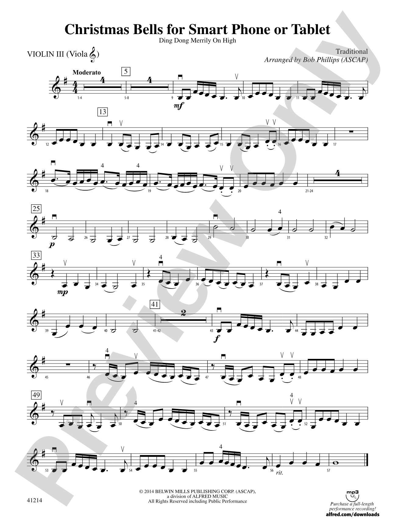 Christmas Bells for Smart Phone or Tablet: 3rd Violin (Viola [TC])