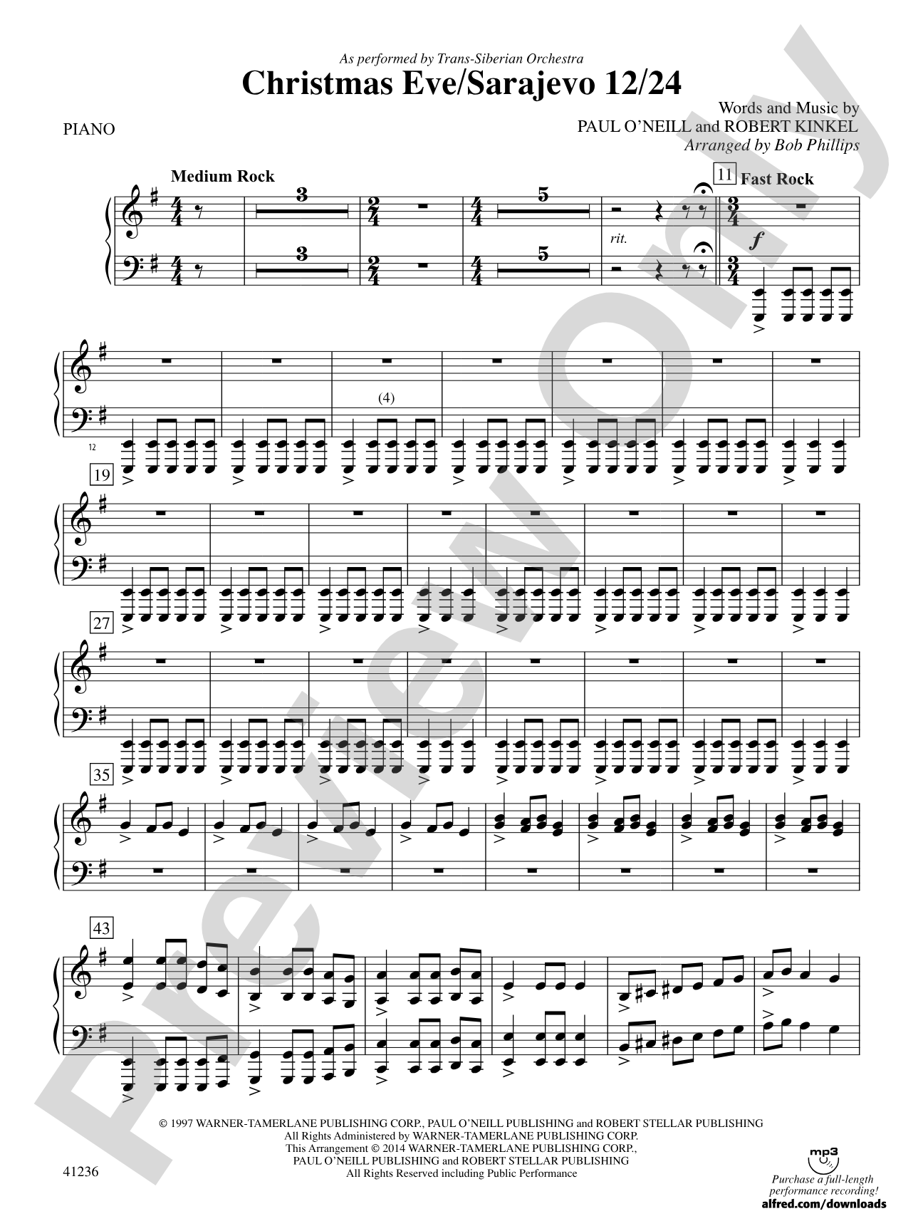 Christmas Eve/Sarajevo 12/24: Piano Accompaniment
