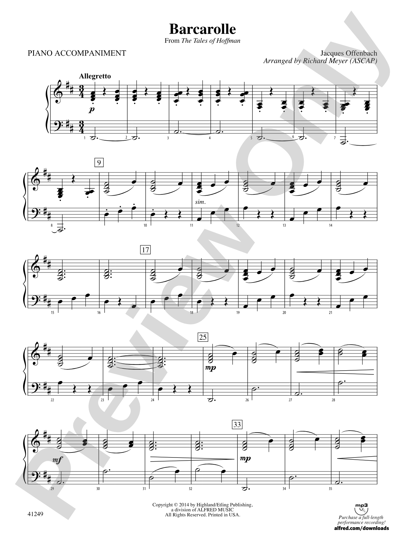 Barcarolle (from The Tales of Hoffman): Piano Accompaniment