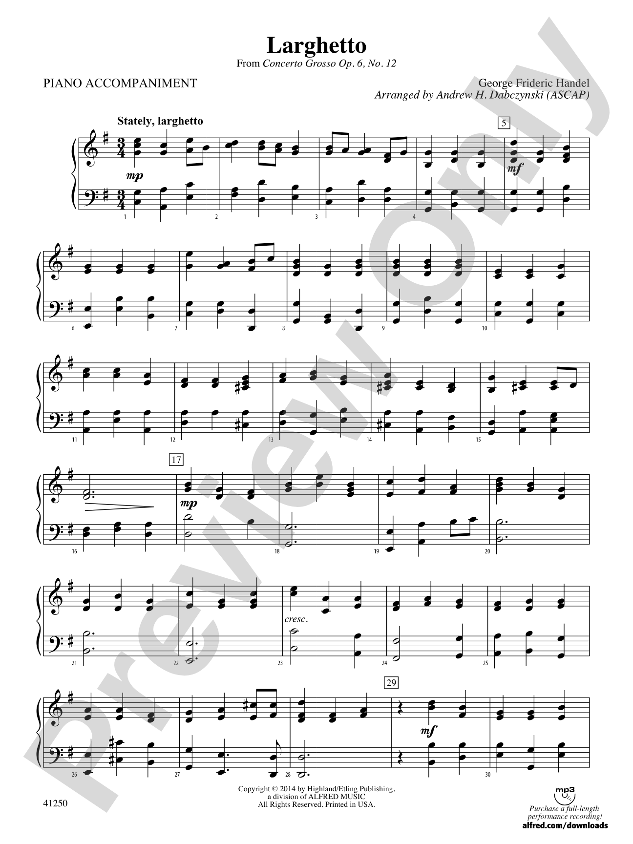 Larghetto (from Concerto Grosso Op. 6, No. 12): Piano Accompaniment
