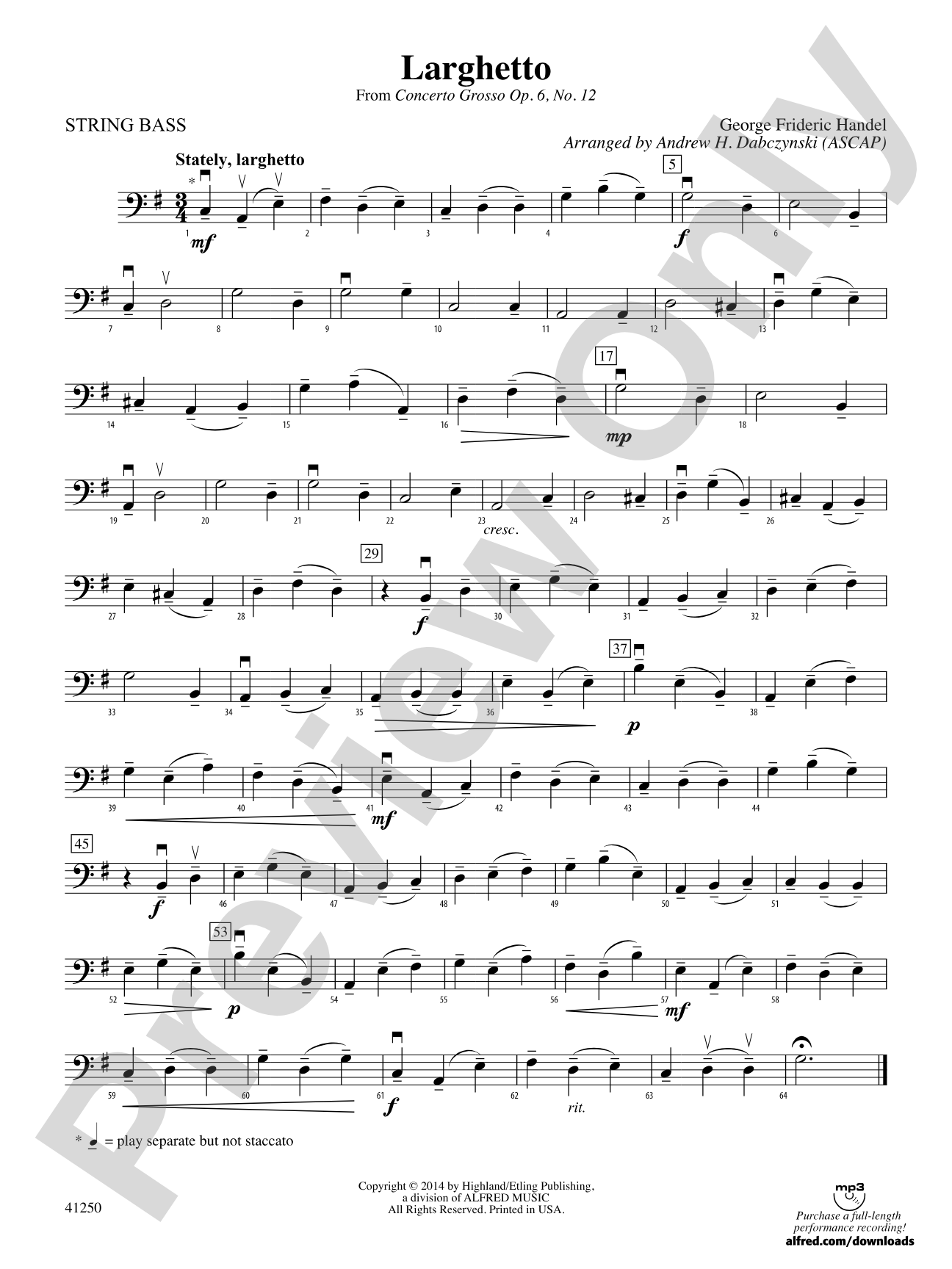 Larghetto (from Concerto Grosso Op. 6, No. 12): String Bass