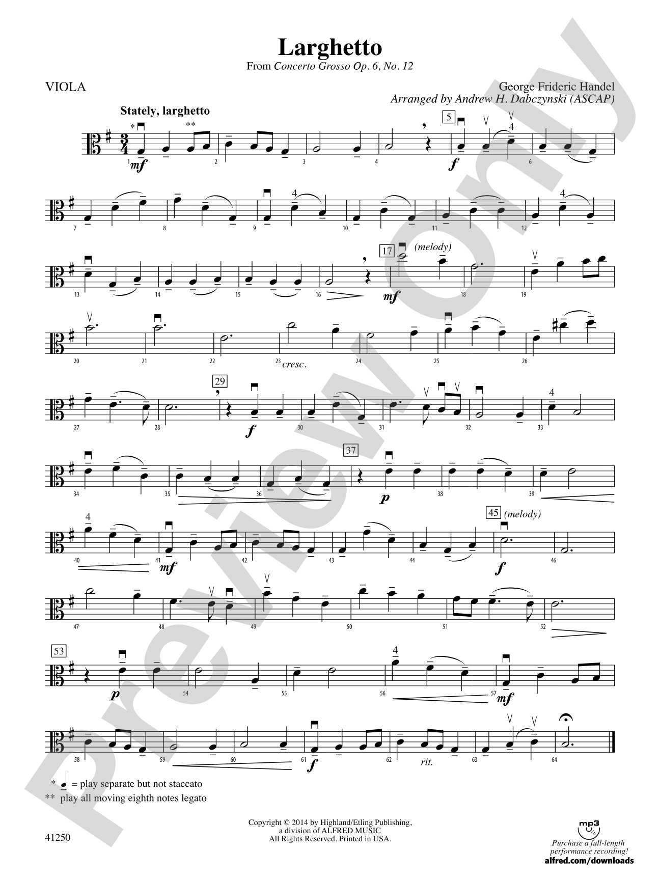 Larghetto (from Concerto Grosso Op. 6, No. 12): Viola