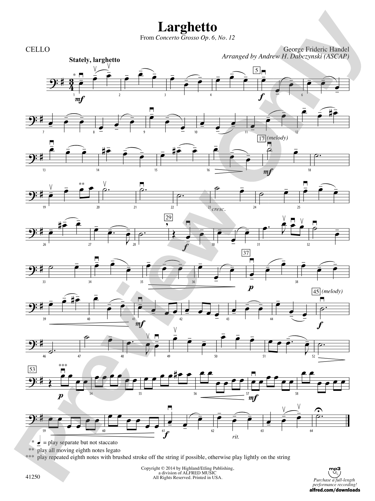 Larghetto (from Concerto Grosso Op. 6, No. 12): Cello