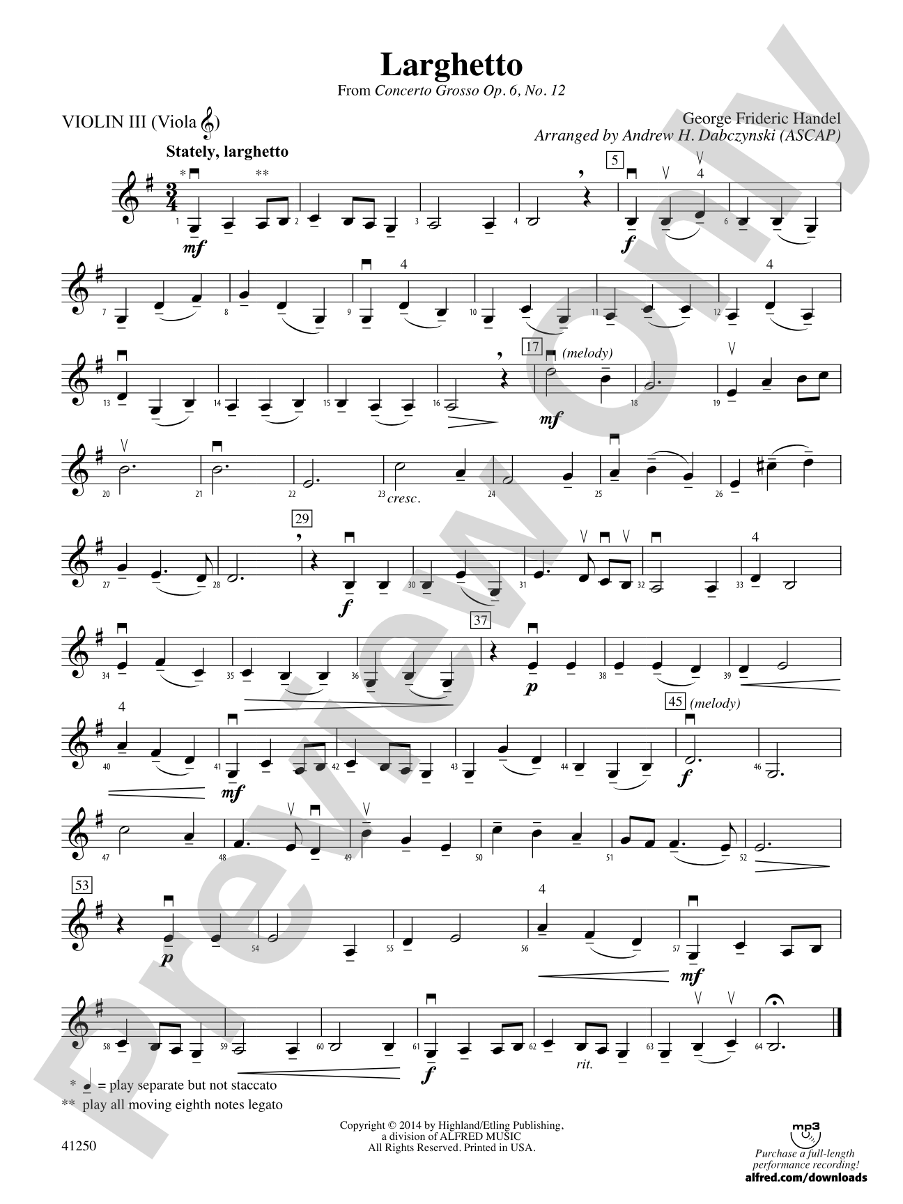 Larghetto (from Concerto Grosso Op. 6, No. 12): 3rd Violin (Viola [TC])