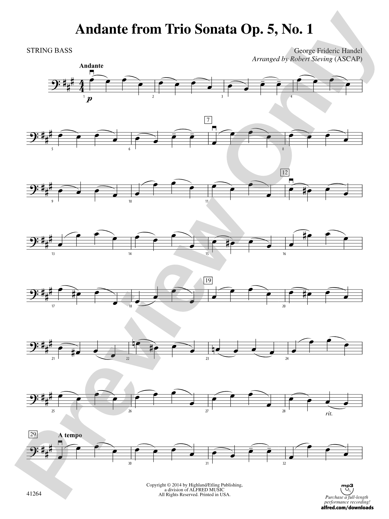 Andante from Trio Sonata Op. 5, No. 1: String Bass