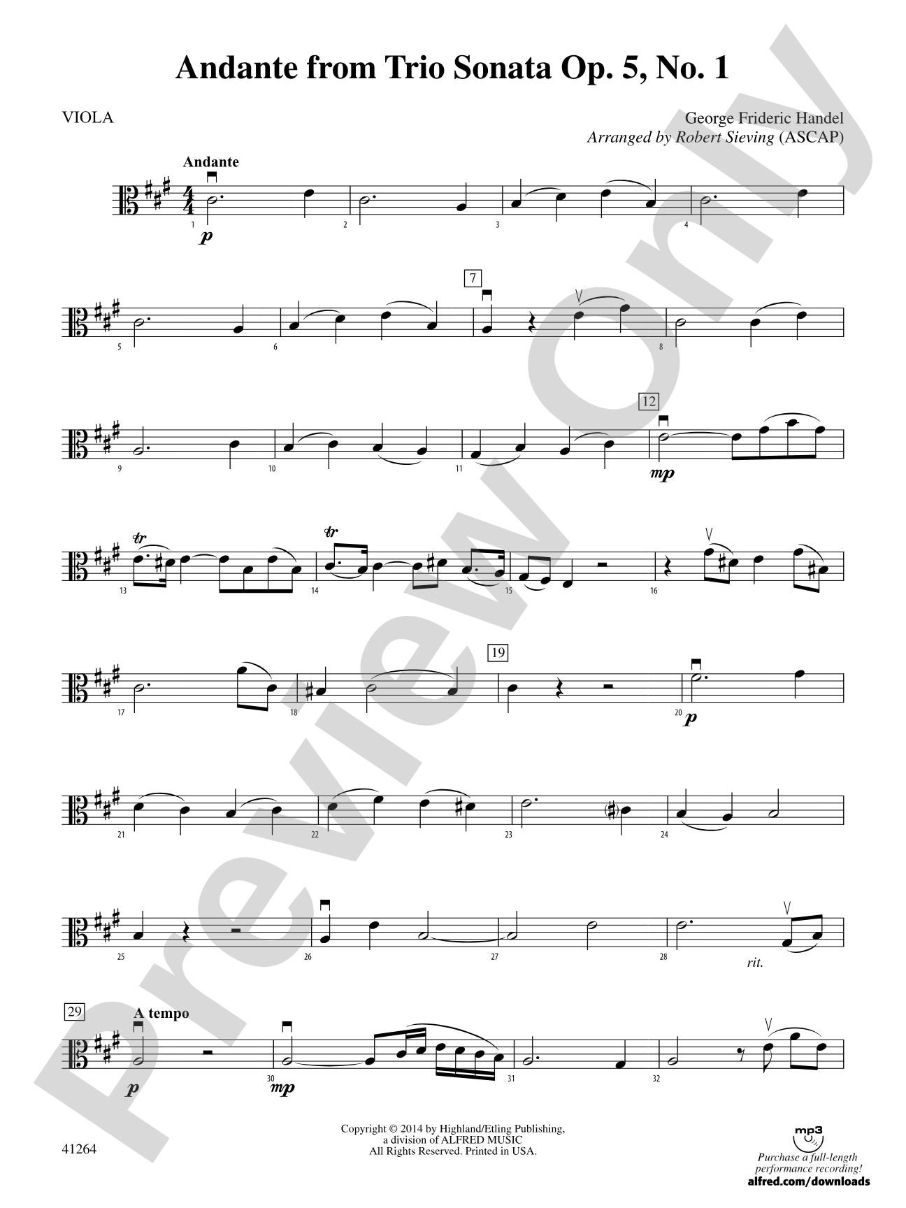 Andante from Trio Sonata Op. 5, No. 1: Viola