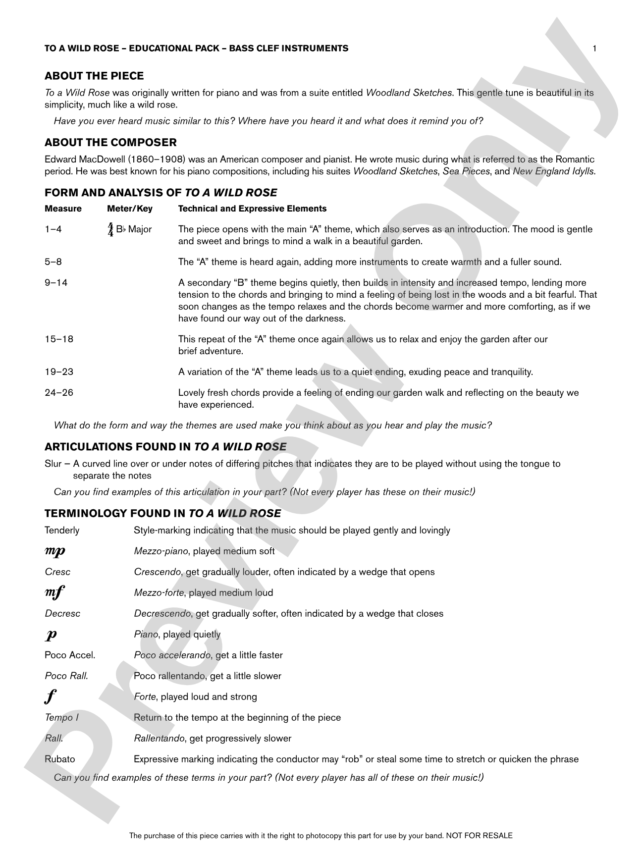 To a Wild Rose (from Woodland Sketches, Op. 51): Bass Clef Educational Pack