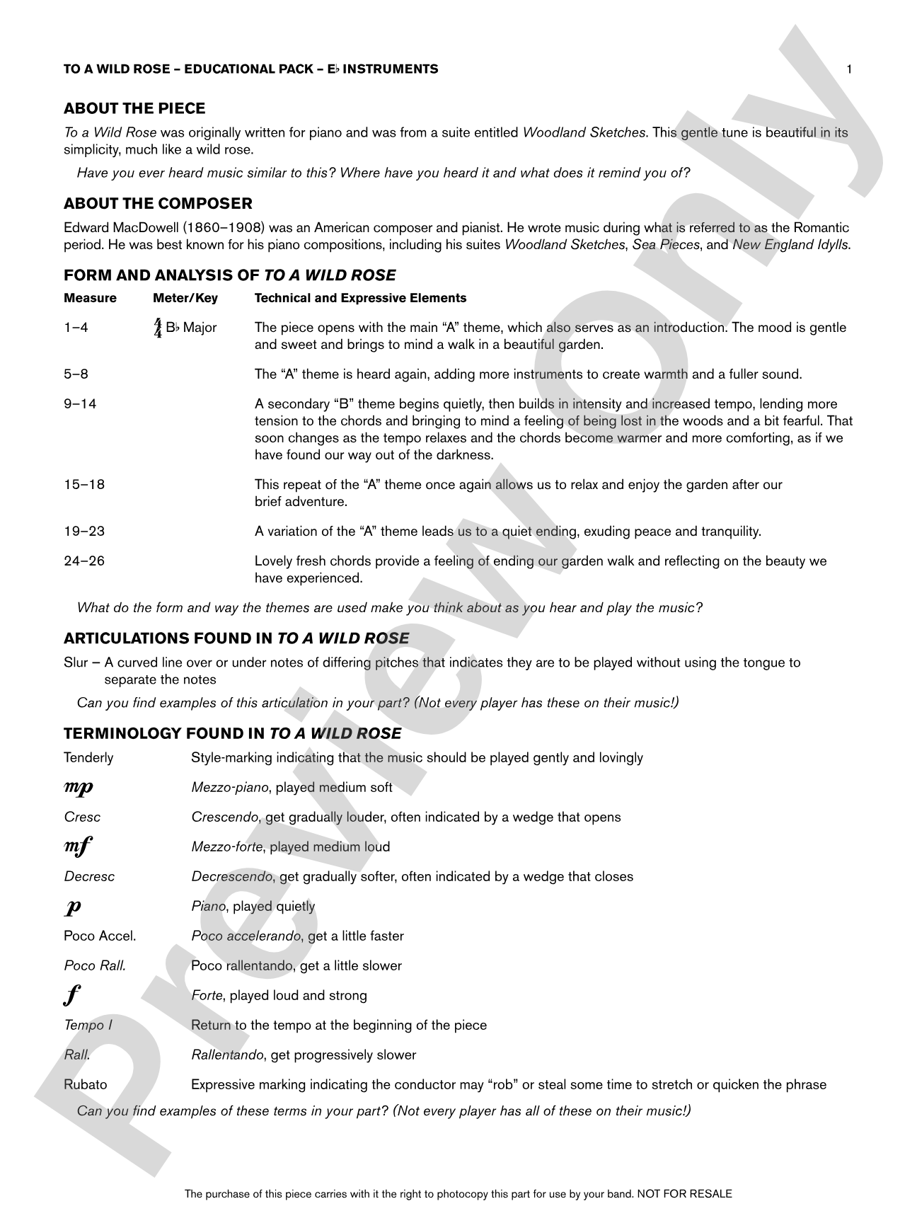 To a Wild Rose (from Woodland Sketches, Op. 51): Eb Educational Pack