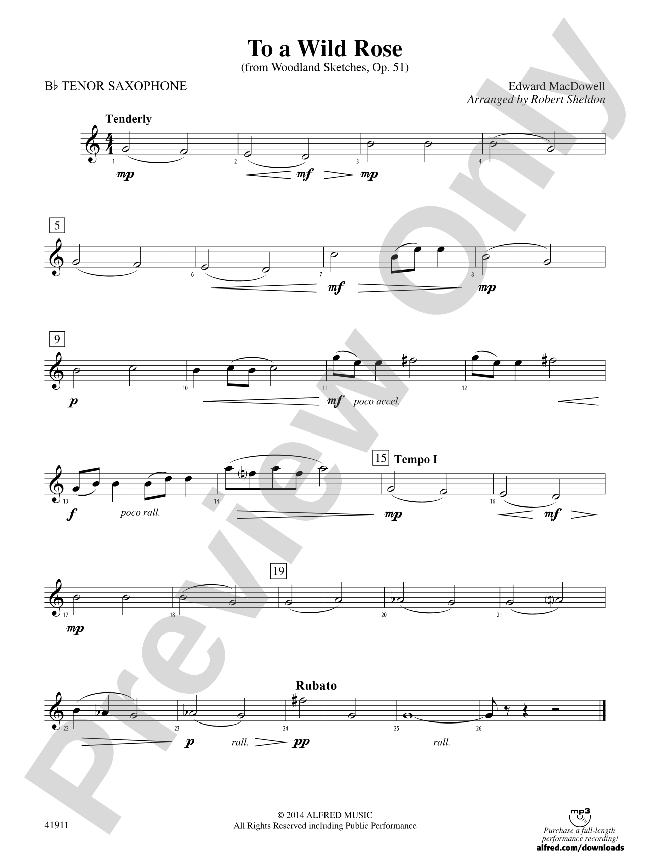 To a Wild Rose (from Woodland Sketches, Op. 51): B-flat Tenor Saxophone