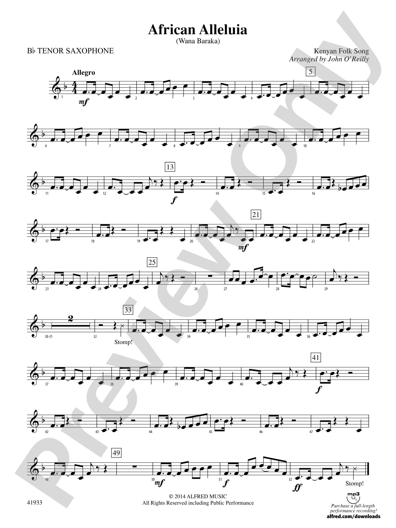African Alleluia: B-flat Tenor Saxophone