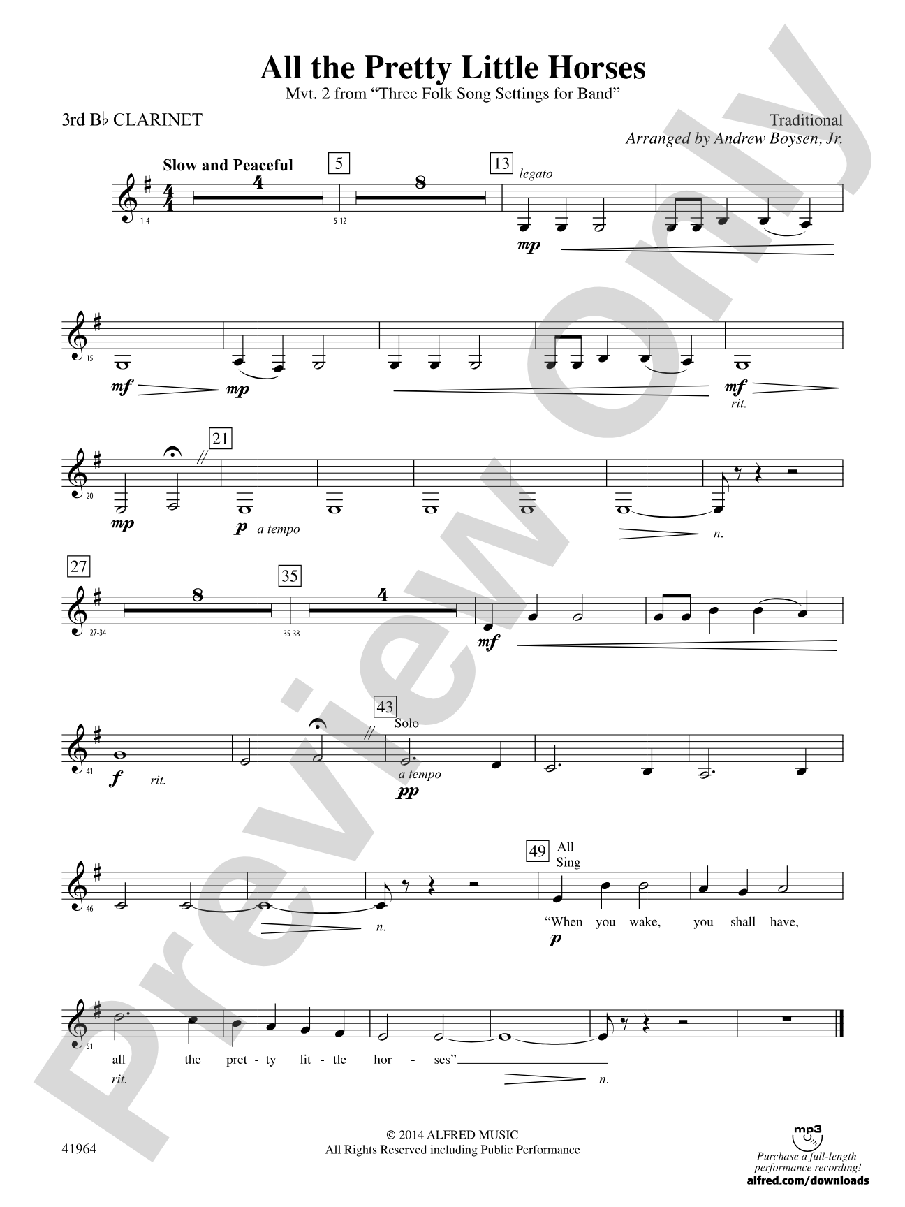 All the Pretty Little Horses: 3rd B-flat Clarinet