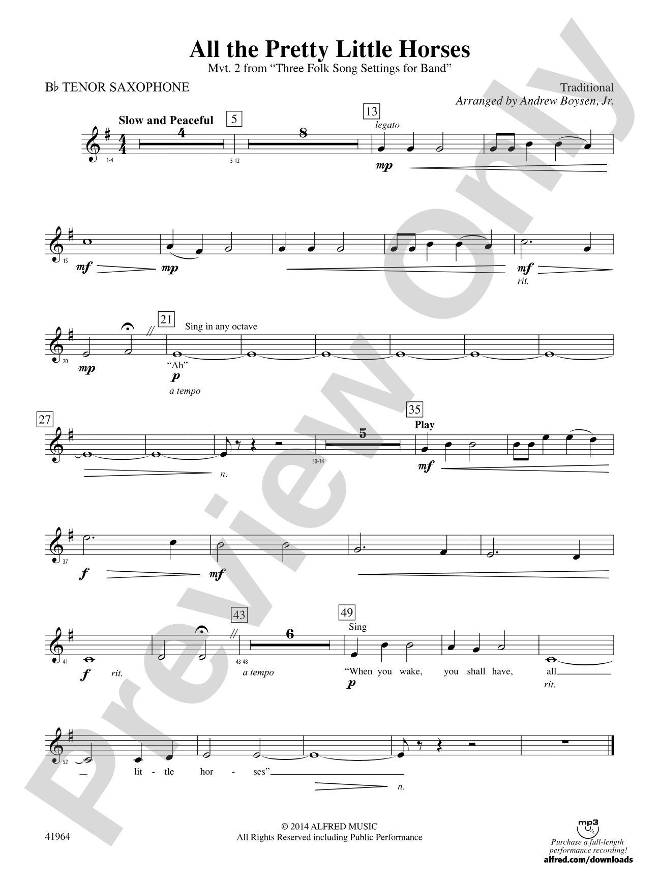All the Pretty Little Horses: B-flat Tenor Saxophone
