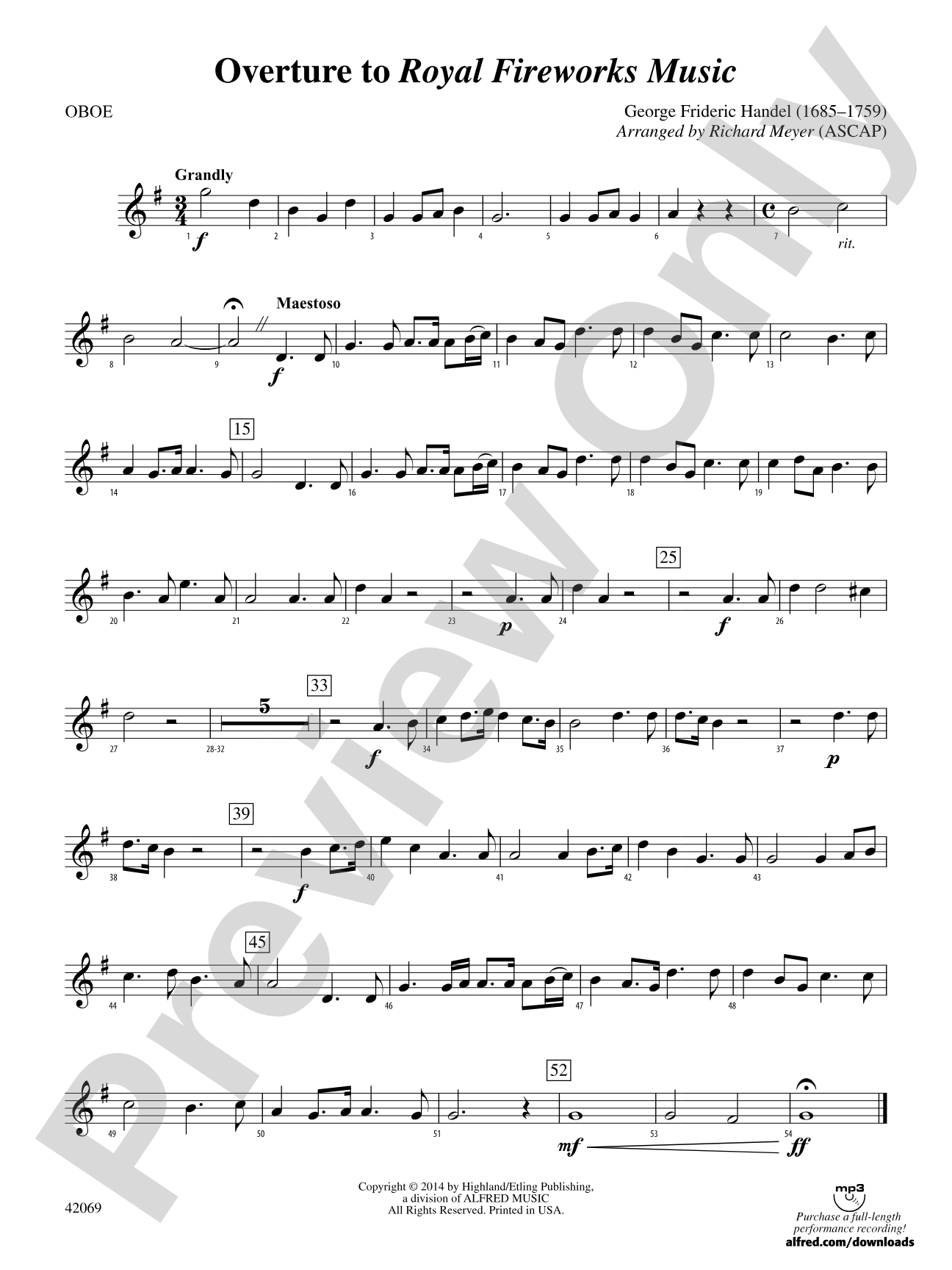 Overture to Royal Fireworks Music: Oboe