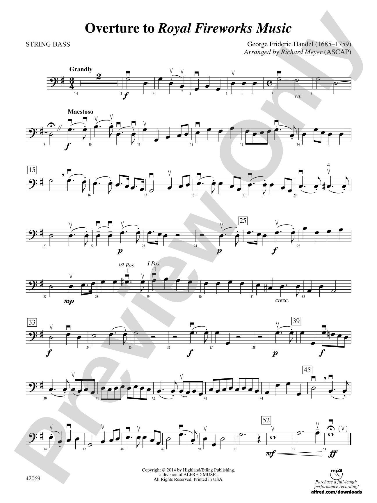 Overture to Royal Fireworks Music: String Bass