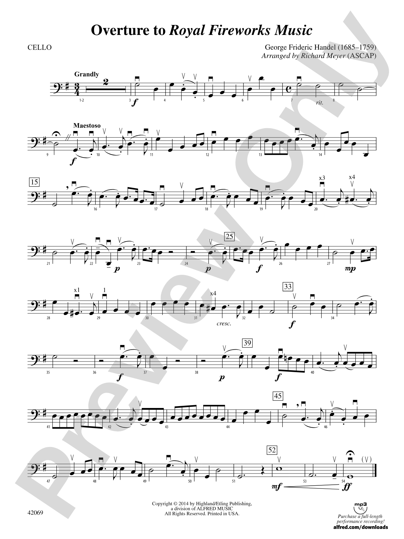 Overture to Royal Fireworks Music: Cello