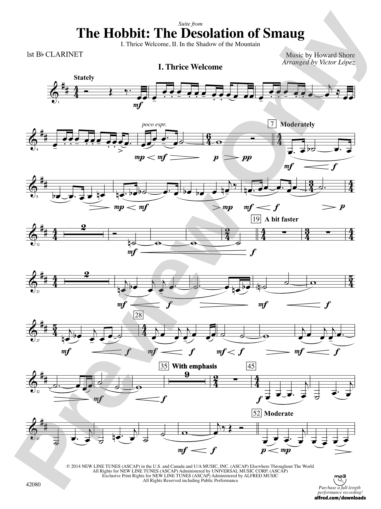 Suite from The Hobbit: The Desolation of Smaug: 1st B-flat Clarinet