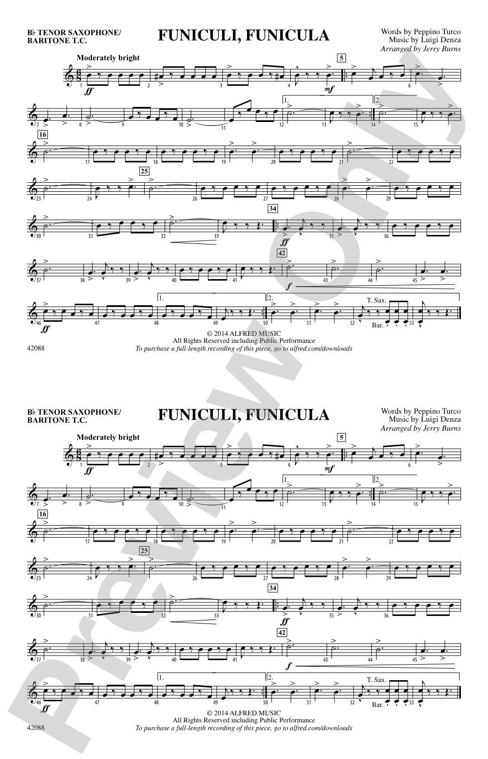 Funiculi, Funicula: Bb Tenor Saxophone/Bartione Treble Clef